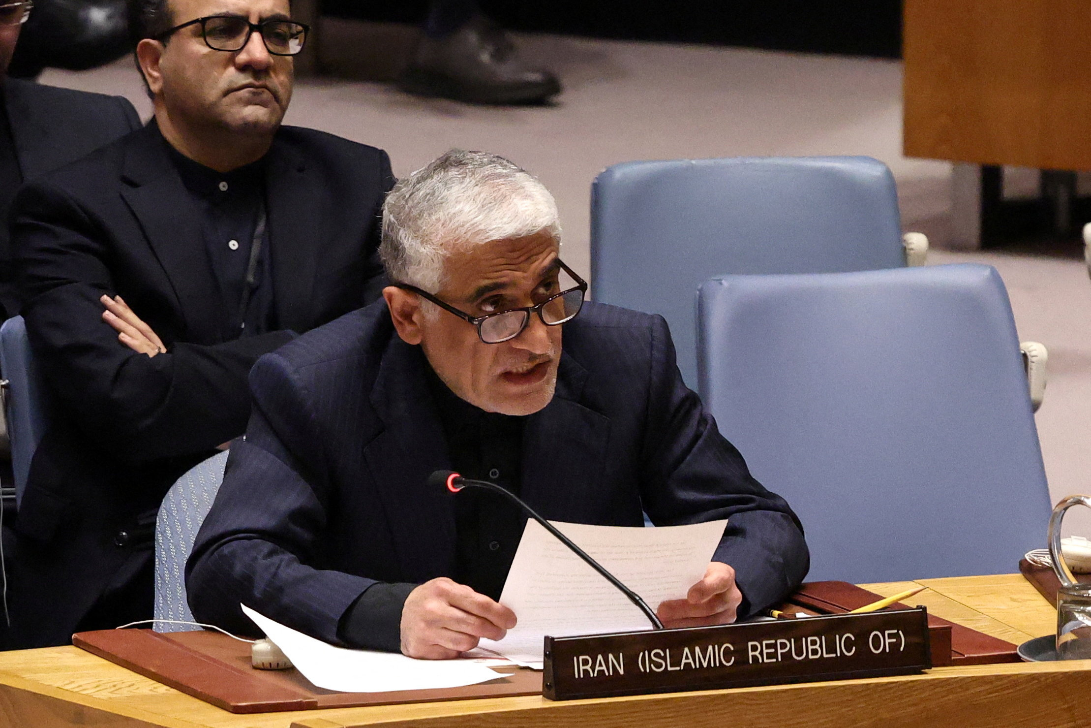 Amir-Saeid Iravani, Iran's Ambassador to the United Nations, addresses members of the United Nations Security Council on resolutions on the situation in Iran and the Middle East at U.N. headquarters in New York City, U.S., March 11, 2026. REUTERS/Shannon Stapleton