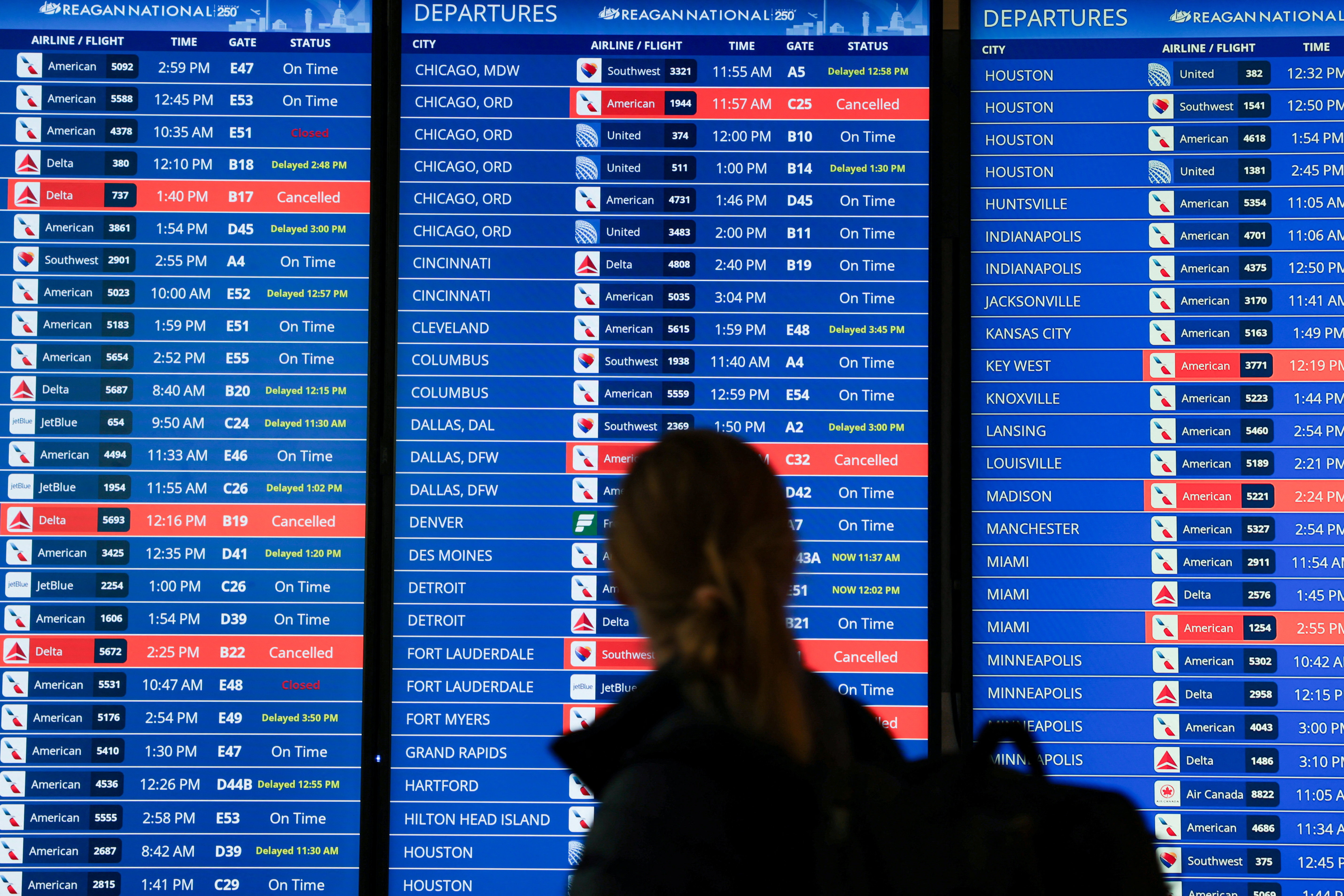 A passenger looks at a list of departures at Ronald Reagan Washington National Airport, as the Department of Homeland Security (DHS)