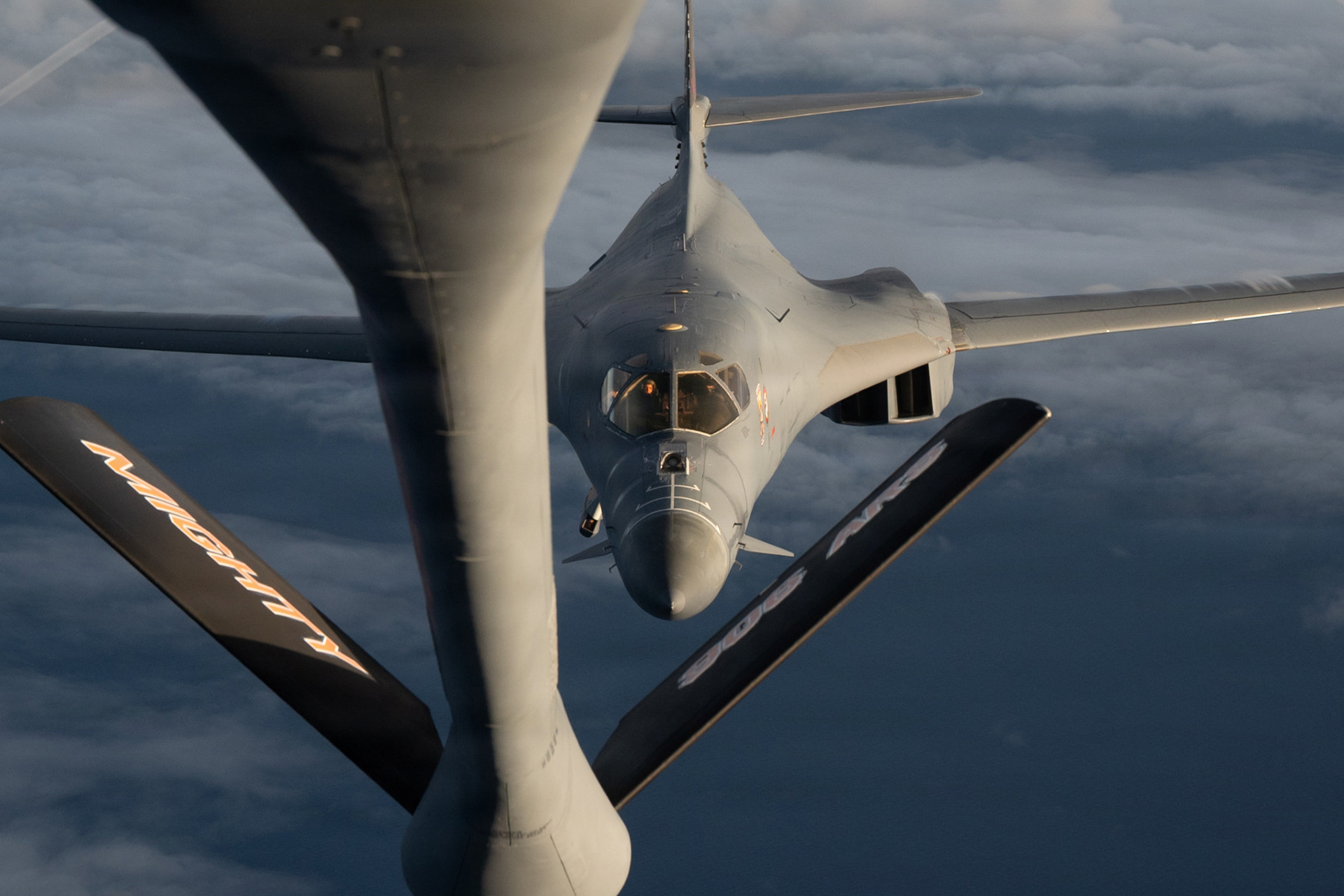 A U.S. Air Force B-1B Lancer prepares to refuel behind a KC-135 Stratotanker during a bomber air demonstration over the U.S. Southern Command area of responsibility Oct. 27, 2025. [Staff Sgt. Gerald R. Willis/US Air Force via DVIDS]