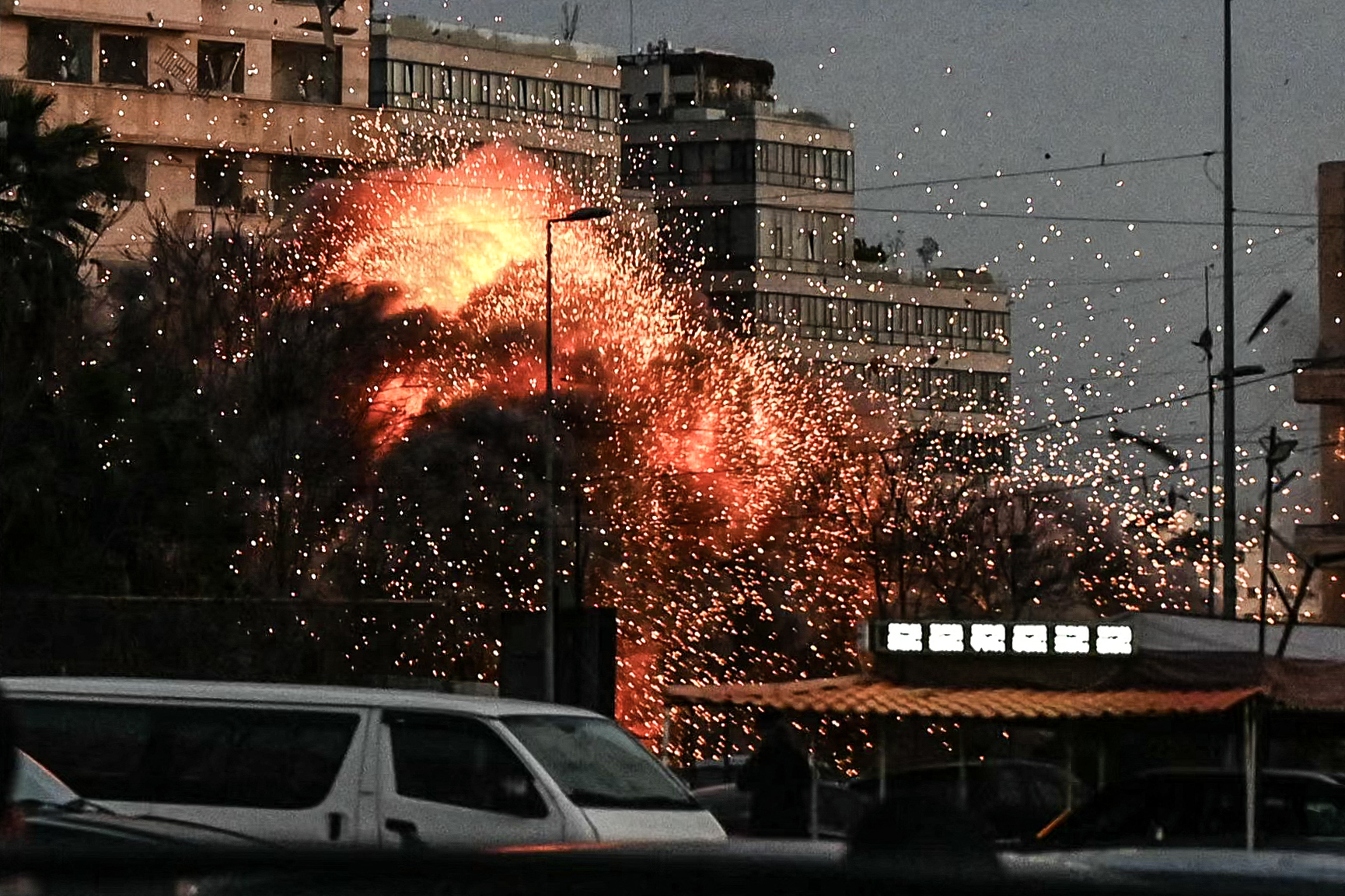 A fireball rises from the site of an Israeli airstrike that targeted a building in Beiruts Bashoura neighbourhood