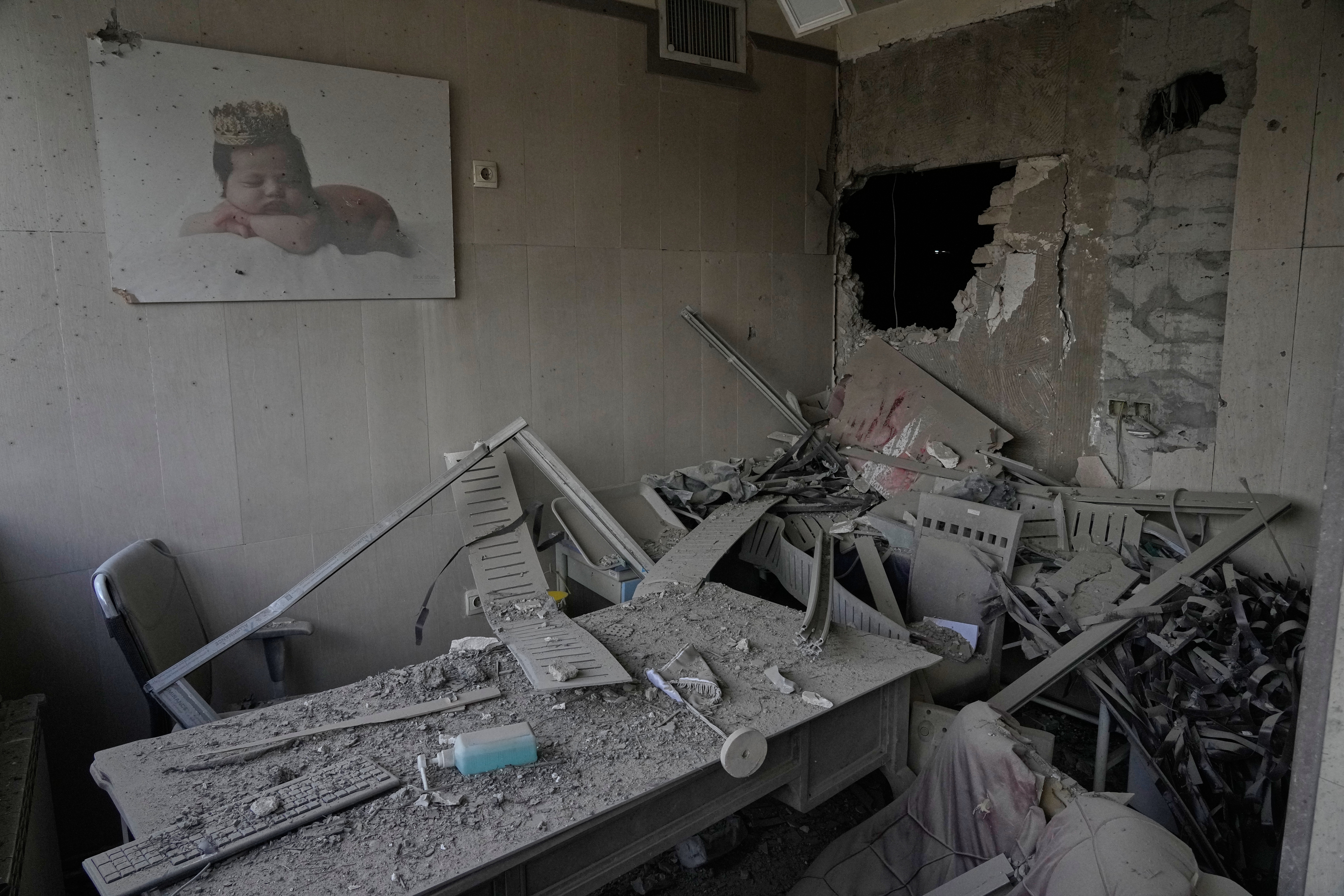 Debris is seen in a hospital room.