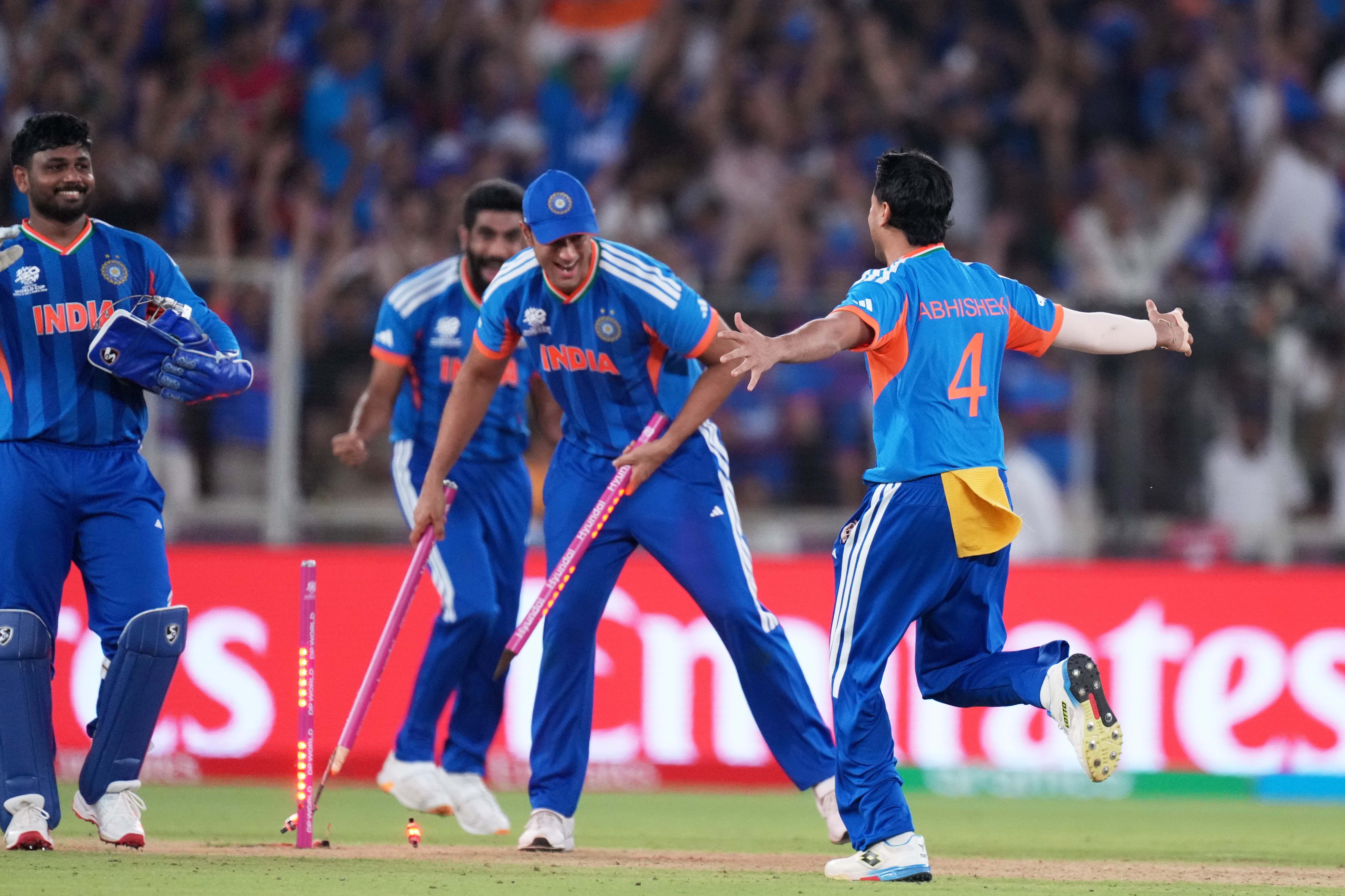 India's players celebrate after winning the T20 World Cup cricket final match against New Zealand in Ahmedabad, India, Sunday, March 8, 2026. (AP Photo/Ajit Solanki)