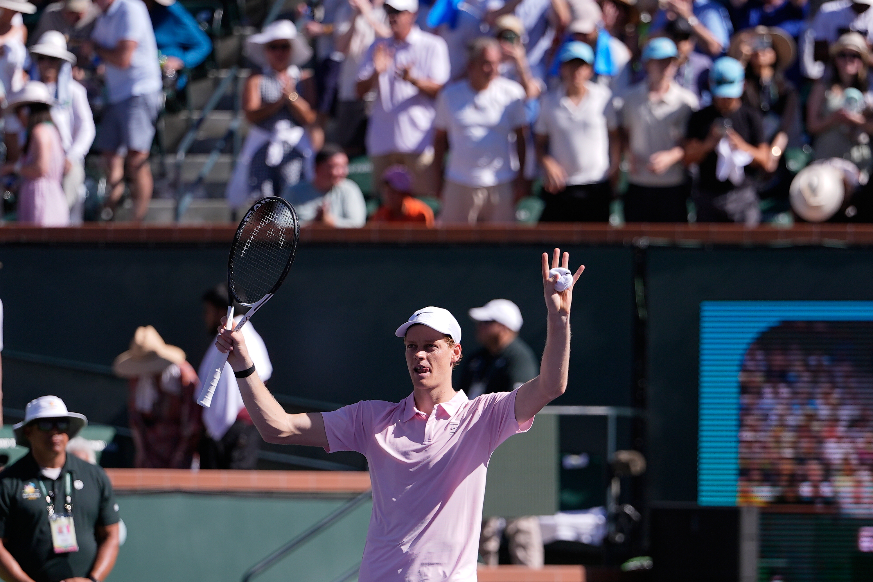 Jannik Sinner, of Italy, celebrates after defeating Alexander Zverev, of Germany, during a semifinal match at the BNP Paribas Open tennis tournament, Saturday, March 14, 2026, in Indian Wells, Calif. (AP Photo/Mark J. Terrill)