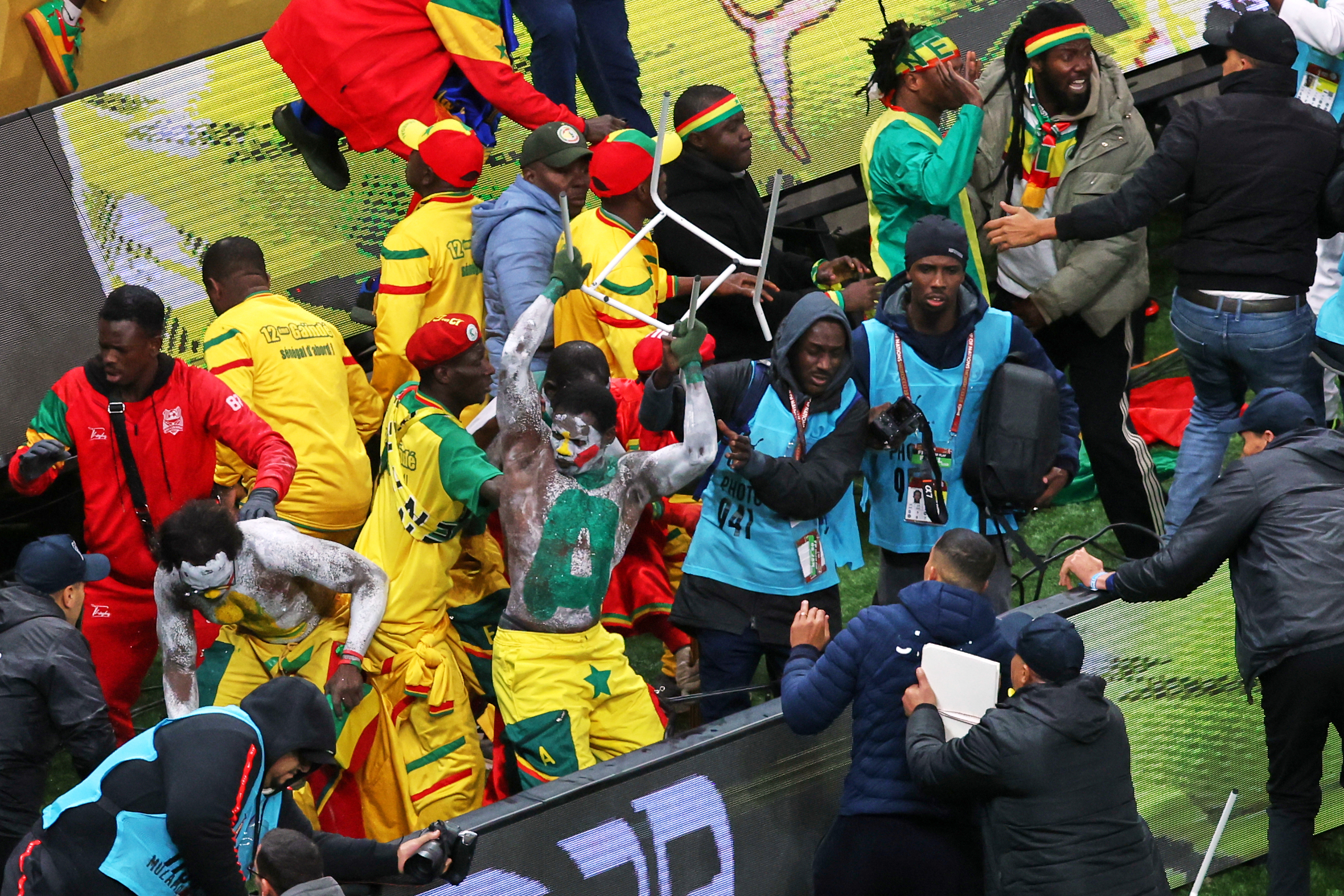 FILE - Senegal supporters protest after a controversial penalty was awarded to Morocco during the Africa Cup of Nations final soccer match between Senegal and Morocco on Jan. 18, 2026, in Rabat, Morocco. (AP Photo/Youssef Loulidi, File)