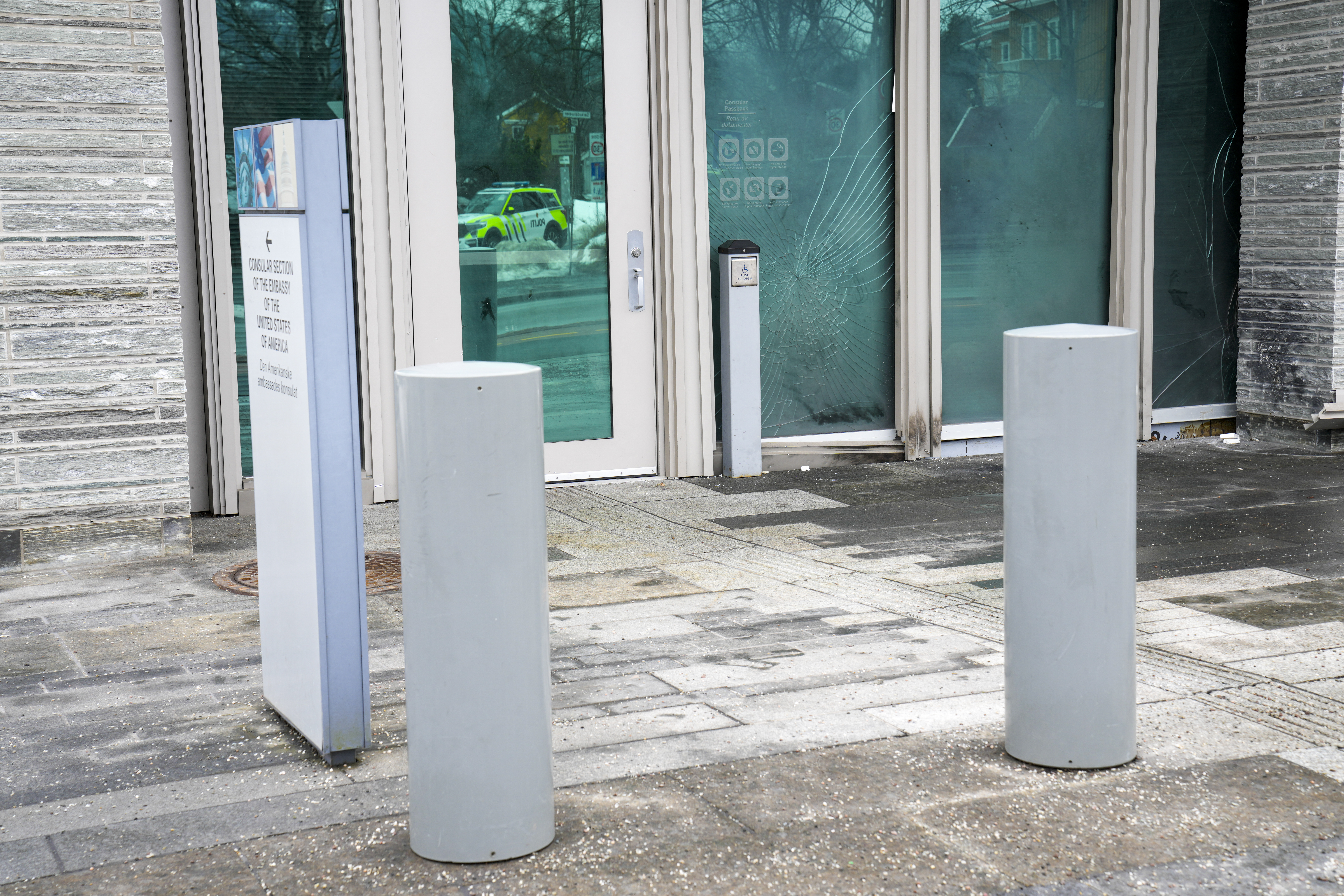 Damages at the US Embassy in Oslo, Norway, are pictured on March 8, 2026, some hours after a loud bang was reported at the site.