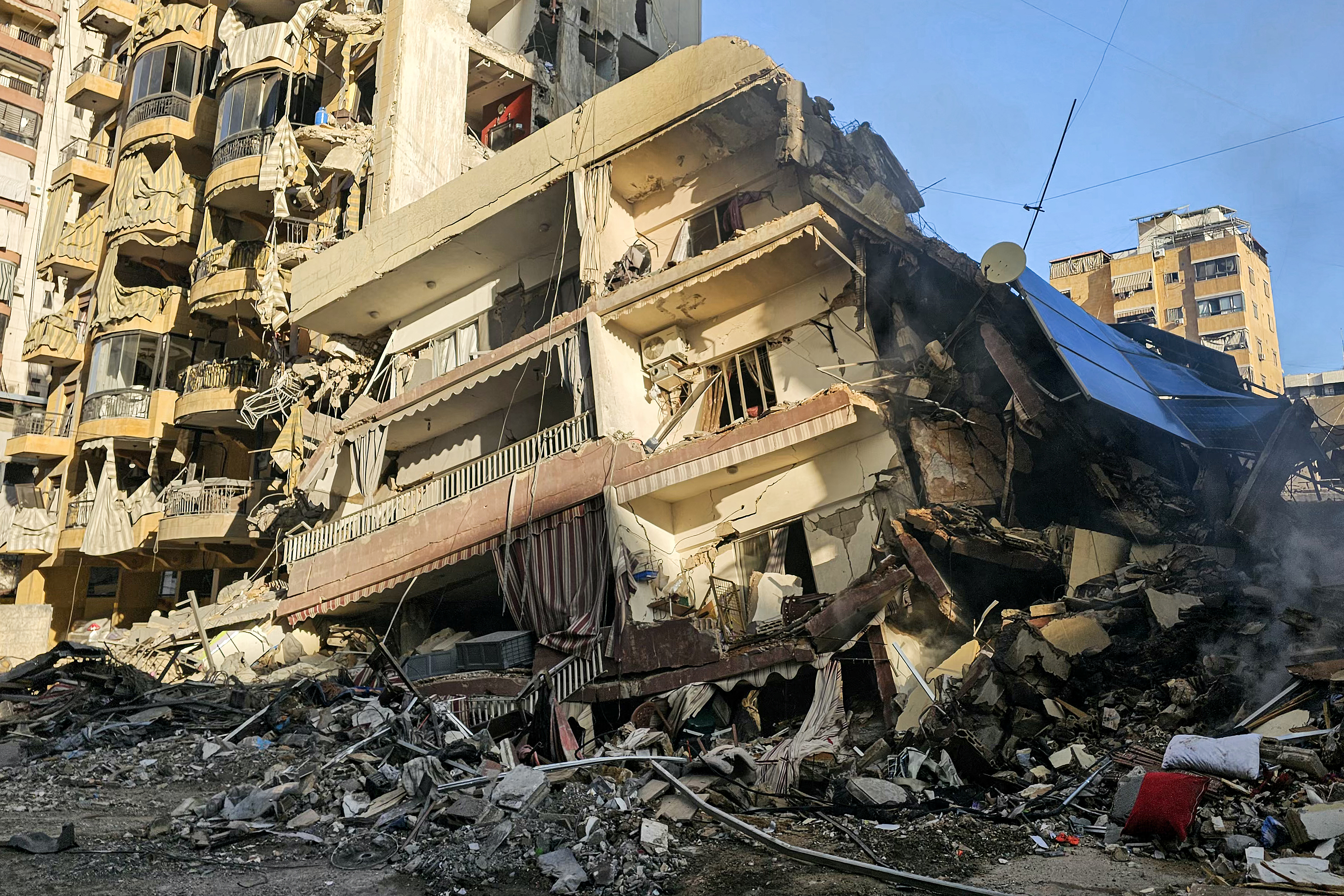 A collapsed building following an Israeli air raid on Beirut's southern suburbs