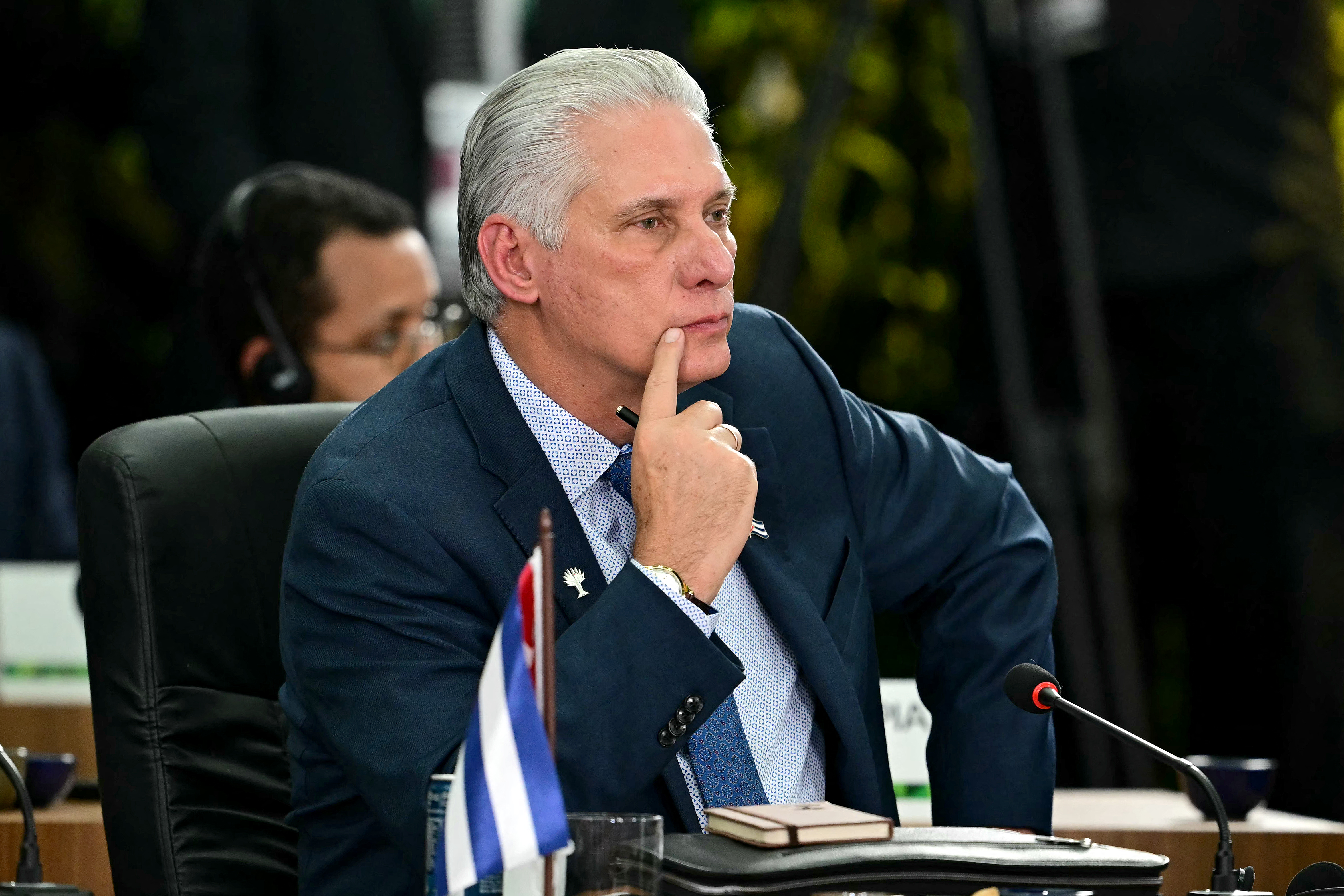 (FILES) Cuba's President Miguel Diaz-Canel gestures during the BRICS summit second plenary session in Rio de Janeiro, Brazil, on July 6, 2025.