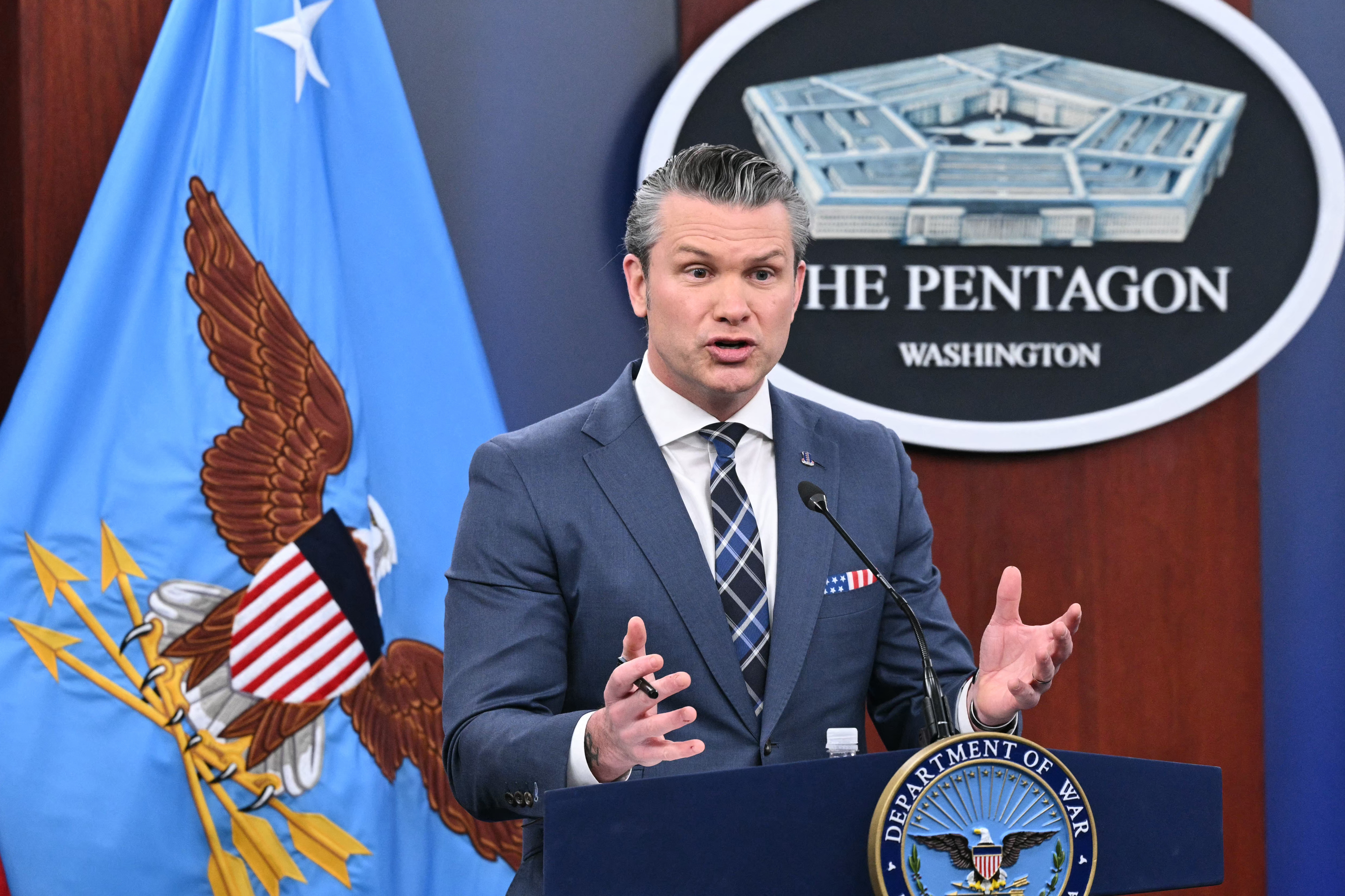 US Secretary of Defense Pete Hegseth speaks during a news conference at the Pentagon in Washington, DC, on March 19, 2026.