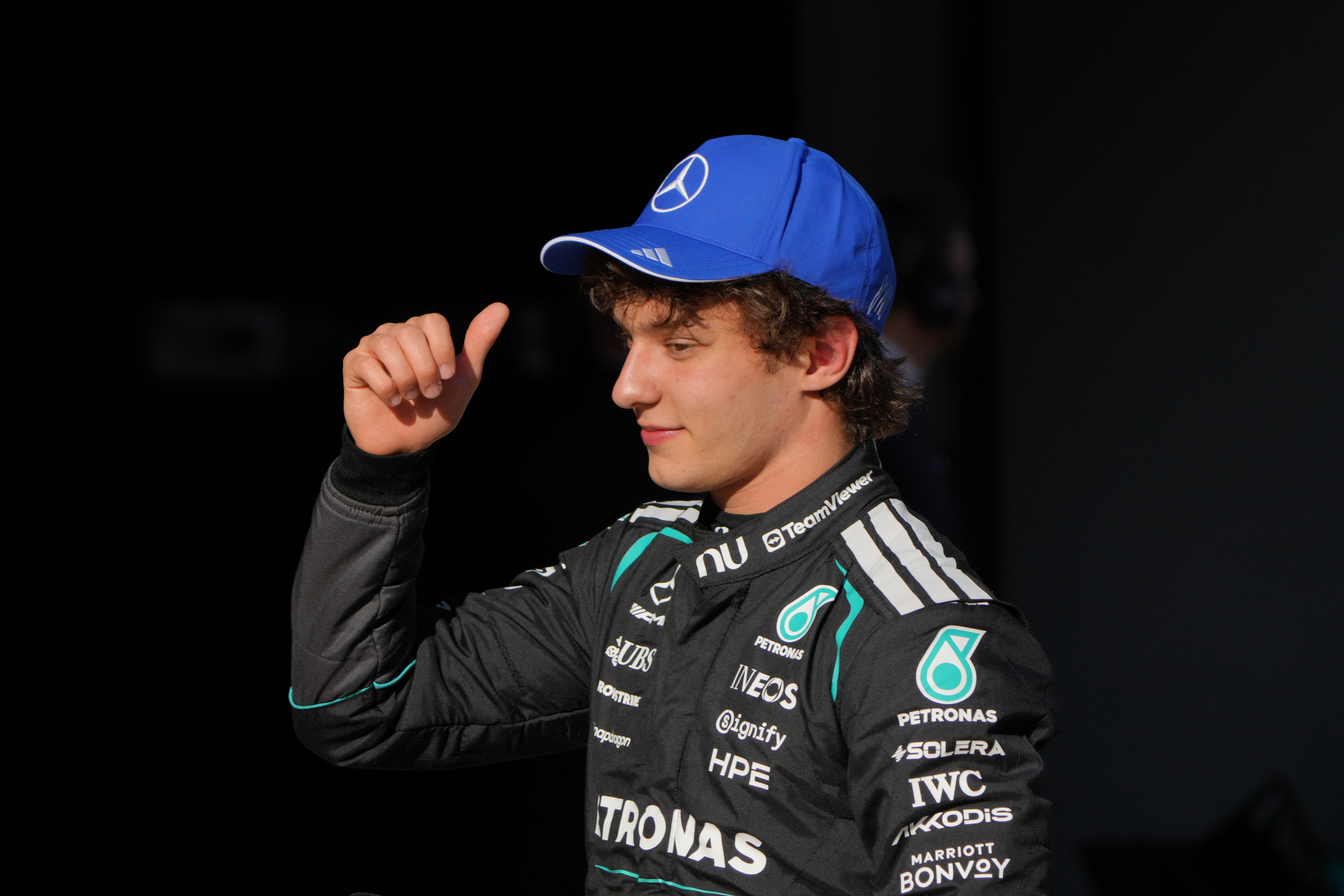 Mercedes driver Andrea Kimi Antonelli of Italy gestures after the qualifying session of the Chinese Formula One Grand Prix at the Shanghai International Circuit, in Shanghai, China, Saturday, March 14, 2026. (AP Photo/Andy Wong)