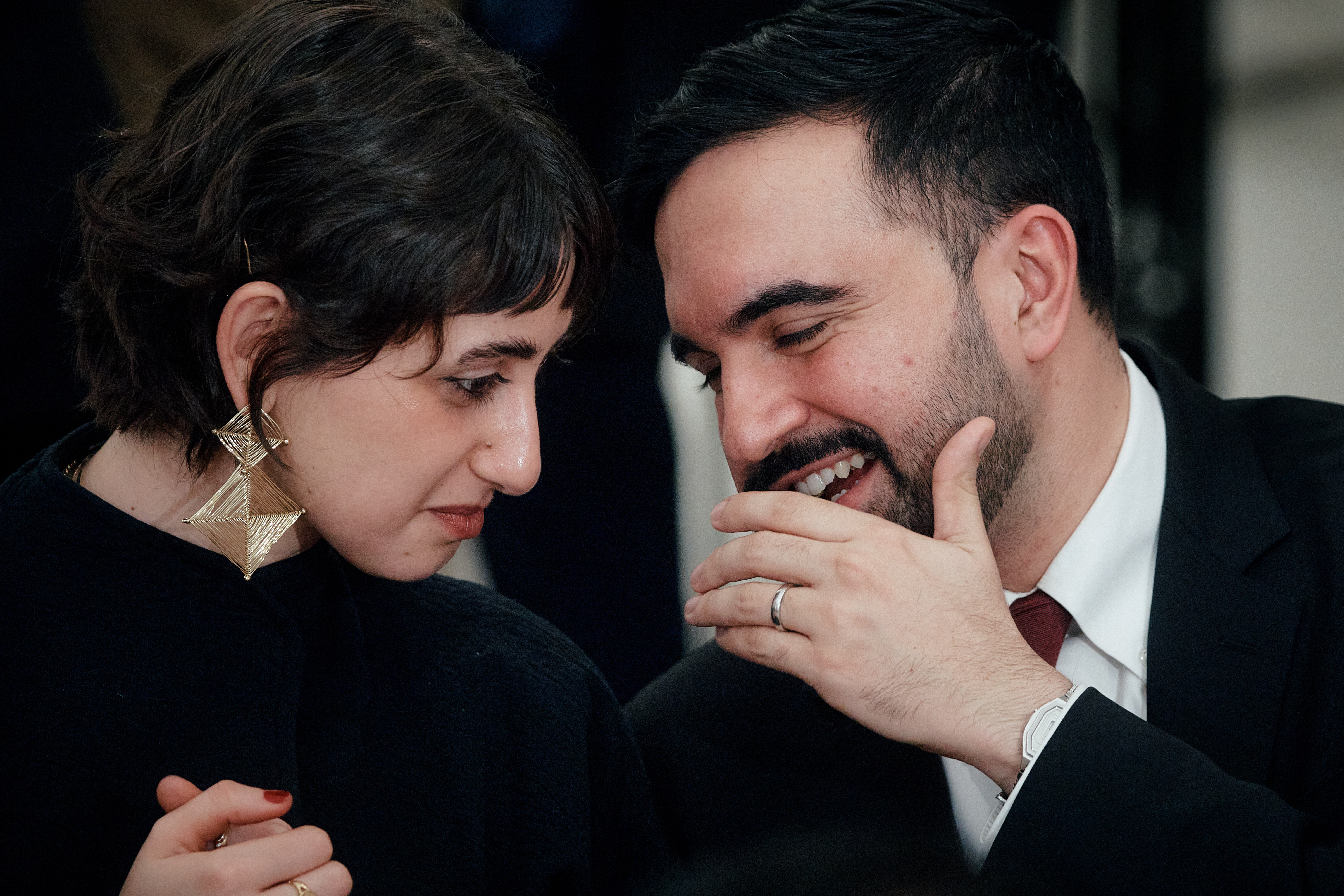 New York City Mayor Zohran Mamdani, right, speaks with his wife, Rama Duwaji, left, during a Ramadan iftar meal at the Museum of the City of New York on Thursday, March 12, 2026, in New York. (AP Photo/Andres Kudacki)