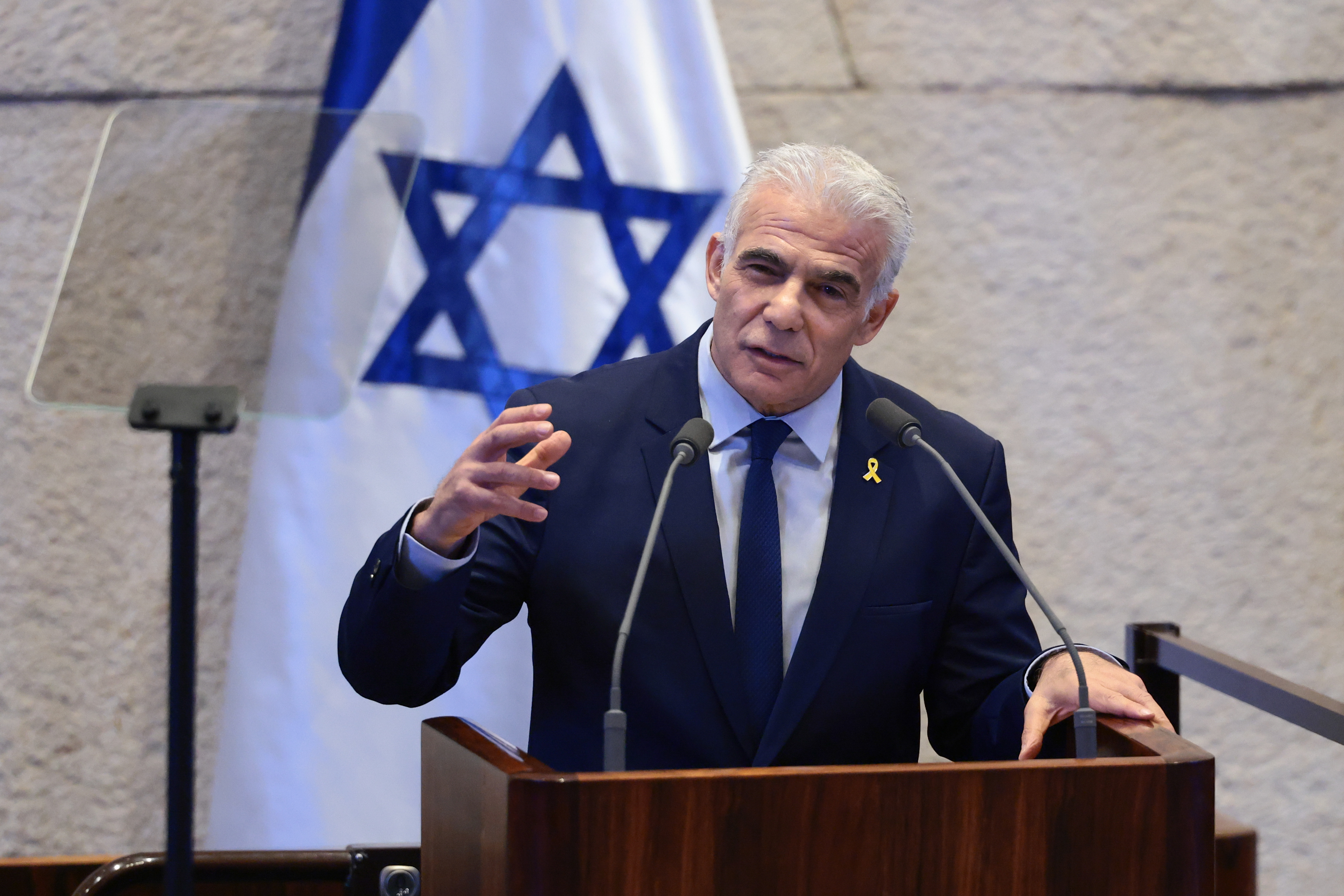Israeli opposition leader Yair Lapid addresses the Knesset, Israel's parliament.