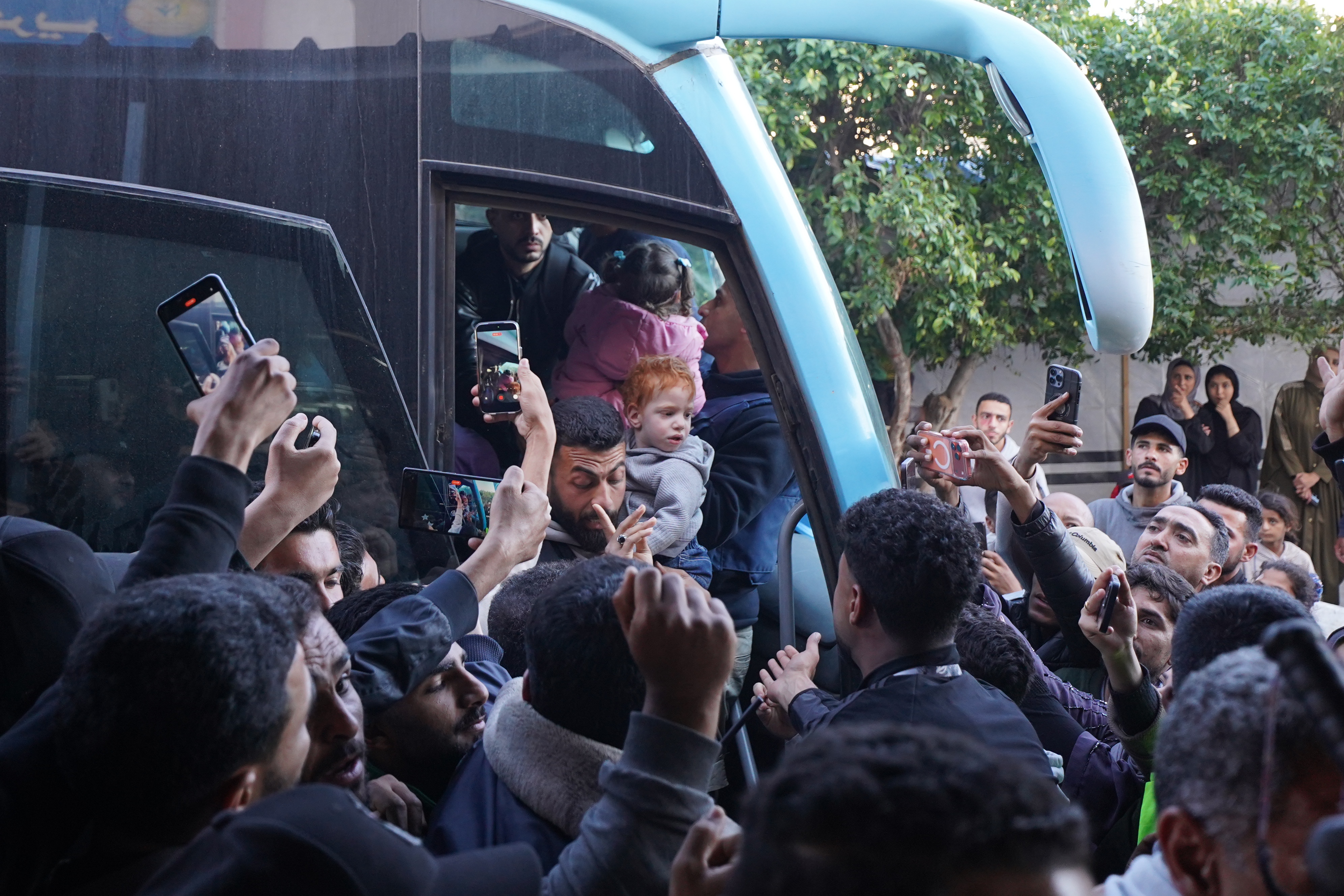A group of toddlers return to Gaza more than two years after they were evacuated for medical treatment in Egypt, arriving at Nasser Hospital in Khan Younis