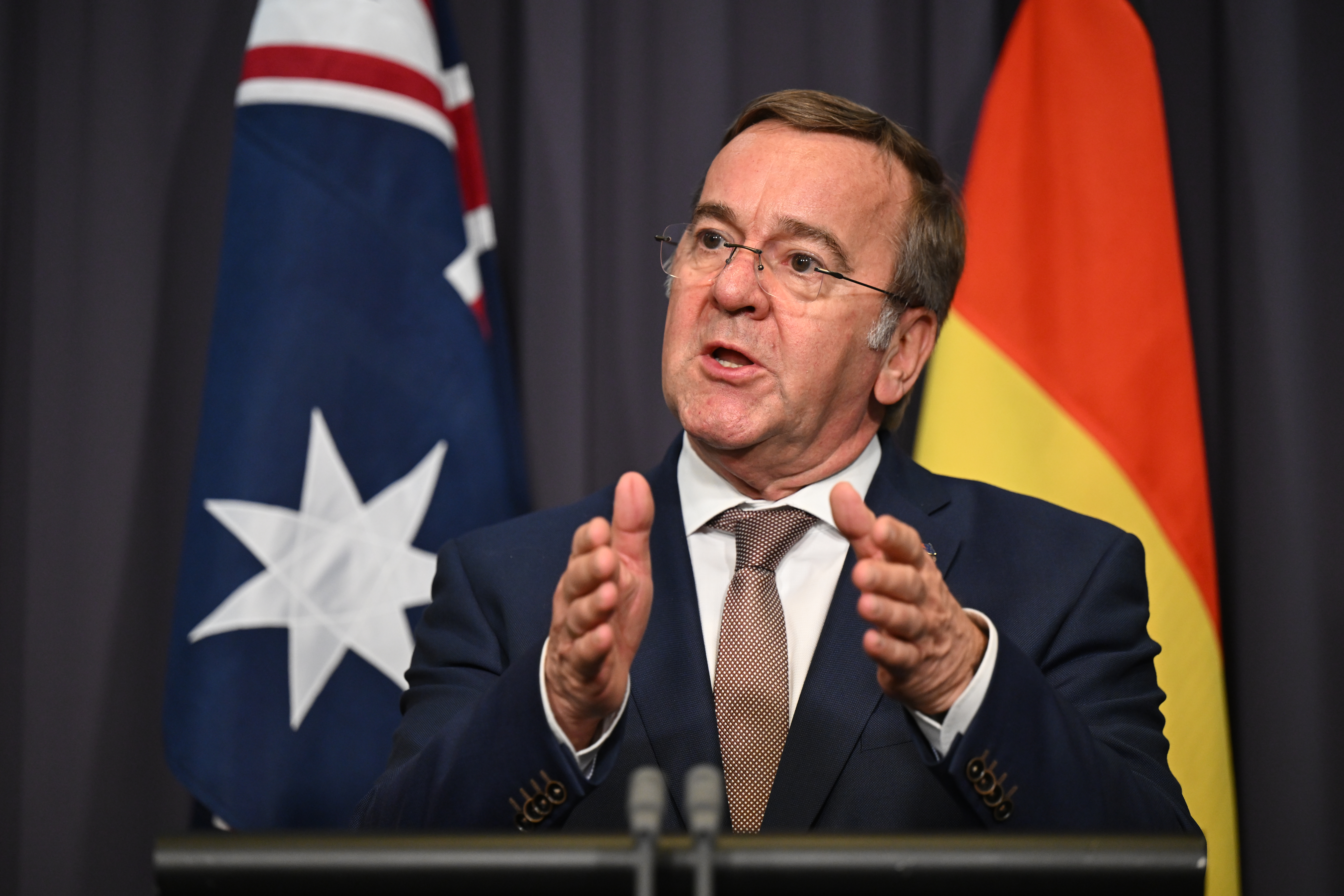 Germany’s Minister of Defense Boris Pistorius speaks to the media.