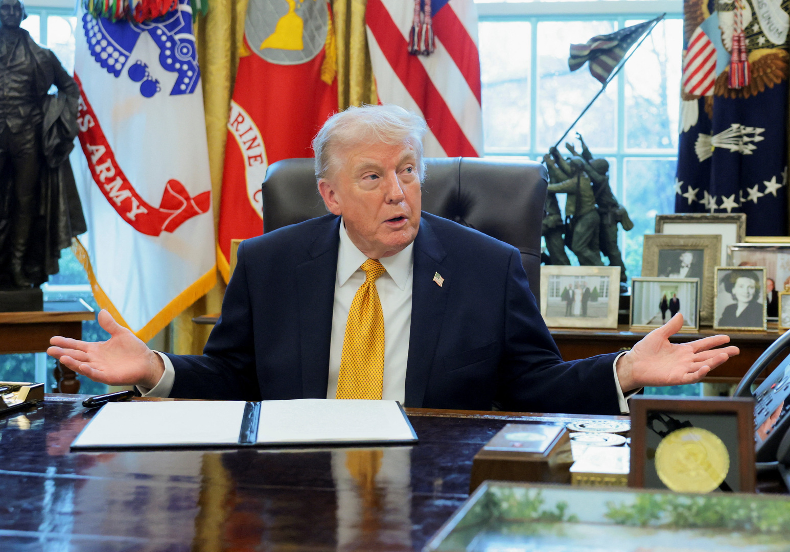 US President Donald Trump speaks during an event to sign an executive order creating an anti‑fraud task force headed by U.S. Vice President JD Vance in the Oval Office at the White House in Washington, DC U.S. on March 16, 2026. [Jonathan Ernst/Reuters]