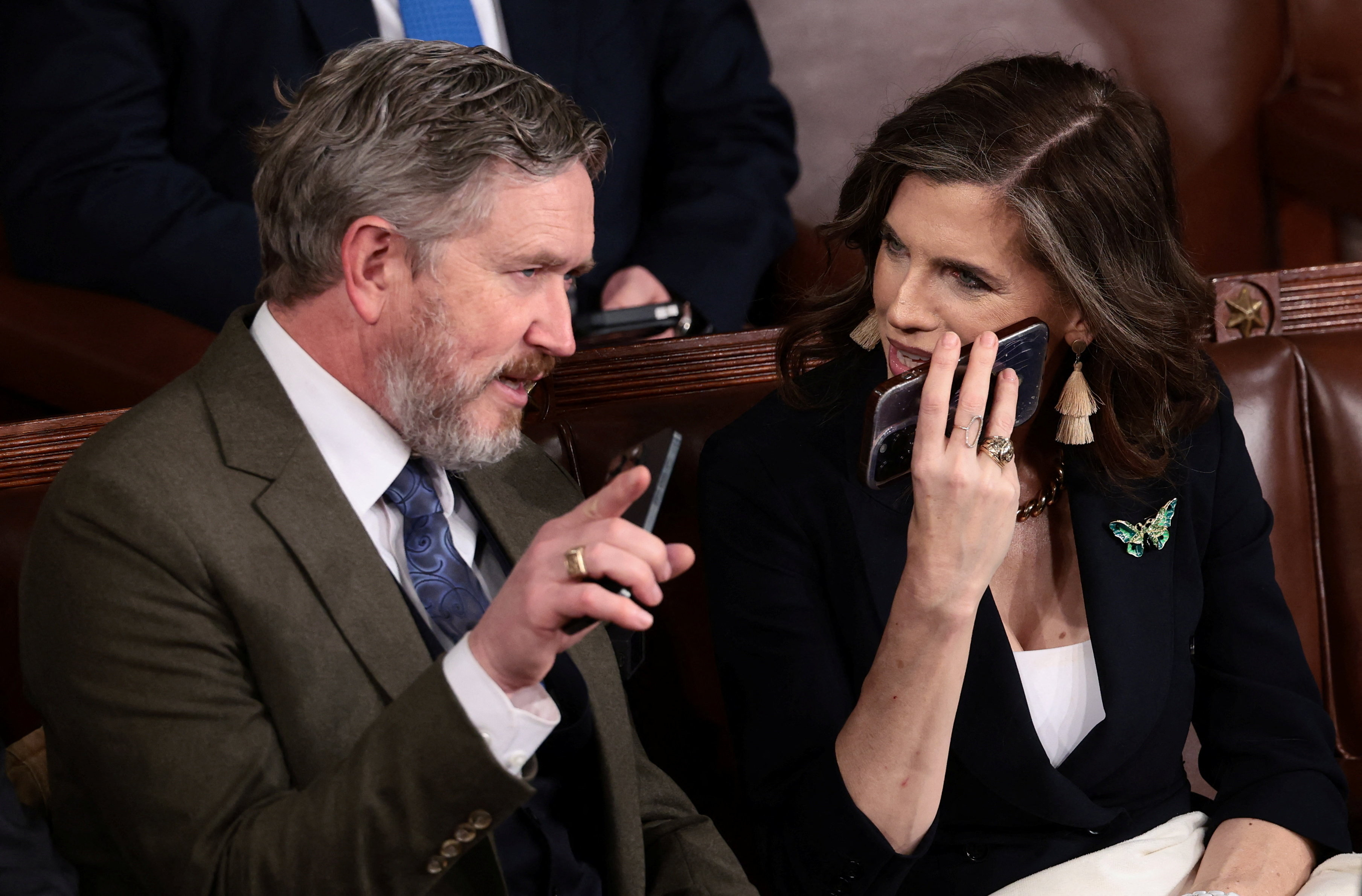 U.S. Representative Thomas Massie (R‑KY) and U.S. Representative Nancy Mace (R-SC) talk before U.S. President Donald Trump delivers the State of the Union address to a joint session of Congress at the U.S. Capitol in Washington, D.C., U.S., February 24, 2026. REUTERS/Evelyn Hockstein