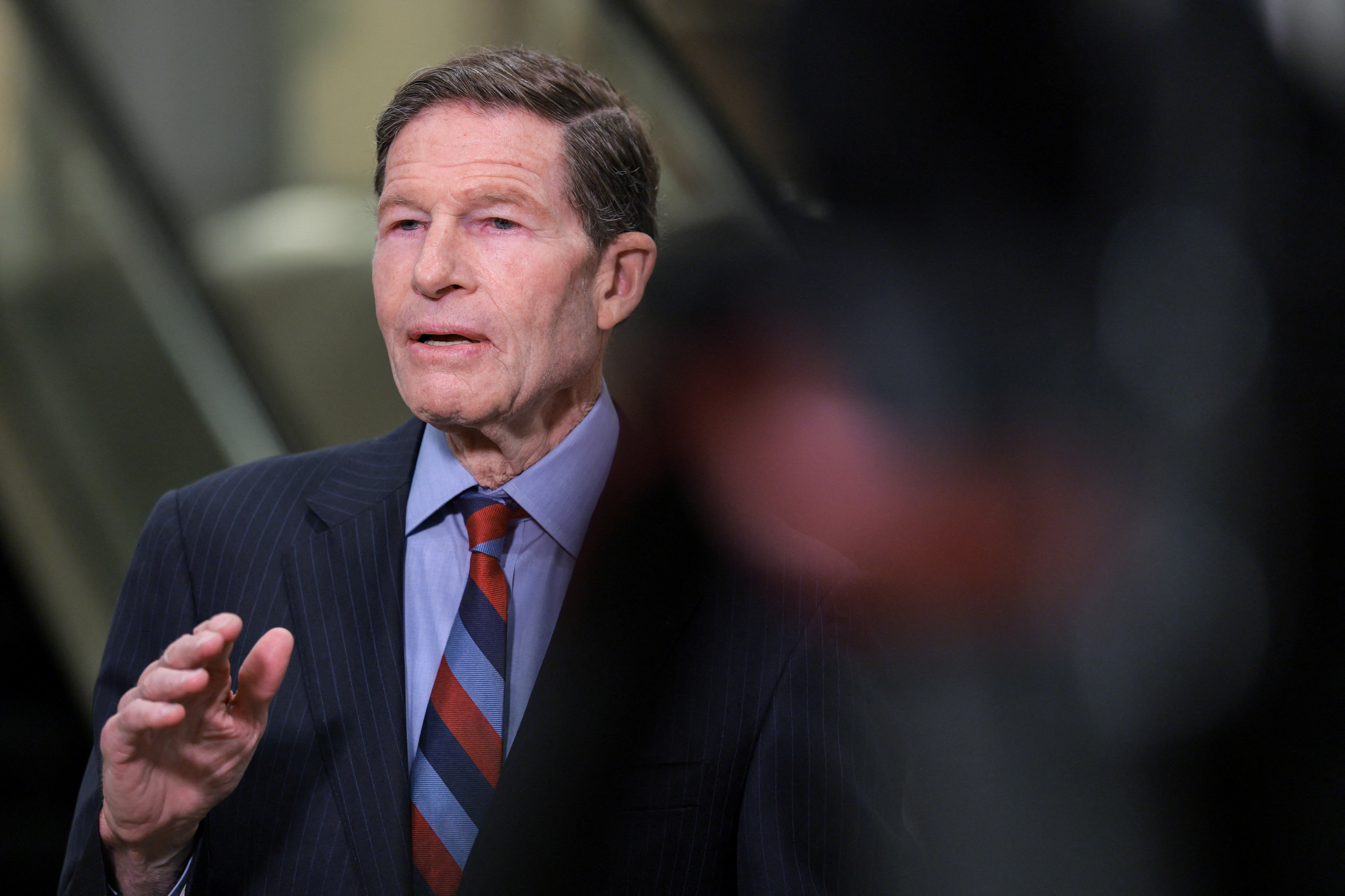 U.S. Senator Richard Blumenthal (D-CT) speaks to reporters, on the day of classified briefings for the Senate Armed Services Committee on Operation Epic Fury and the situation in Iran, on Capitol Hill in Washington, D.C., U.S., March 10, 2026. REUTERS/Kylie Cooper