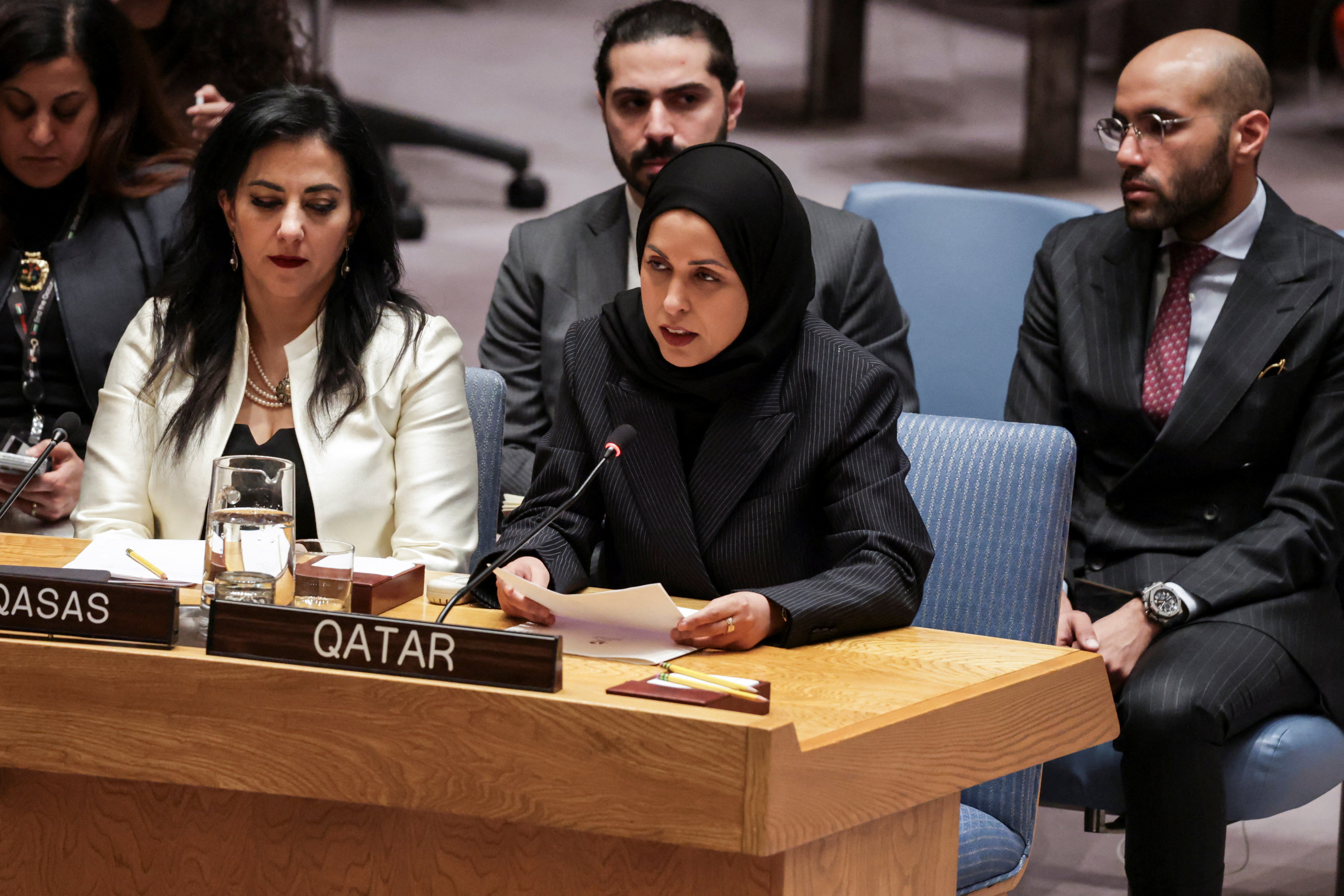 Alya Ahmed bin Saif Al-Thani, Permanent Representative of the State of Qatar to the United Nations, addresses the Security Council during the meeting on the situation in the Middle East, at U.N. headquarters in New York City, U.S., February 18, 2026. REUTERS/Jeenah Moon