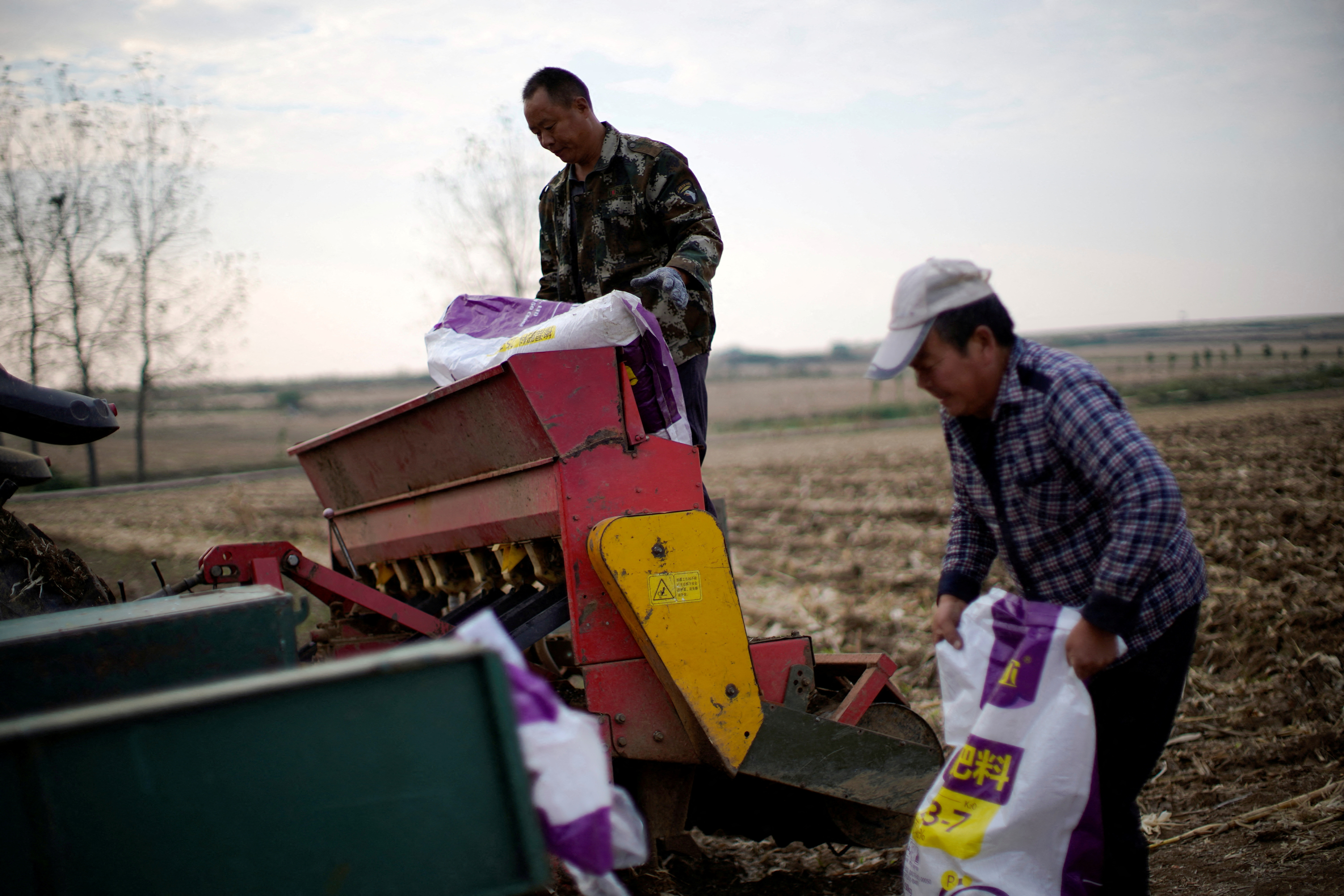 Farmers load sacks of fertiliser into a seeder on a wheat field.