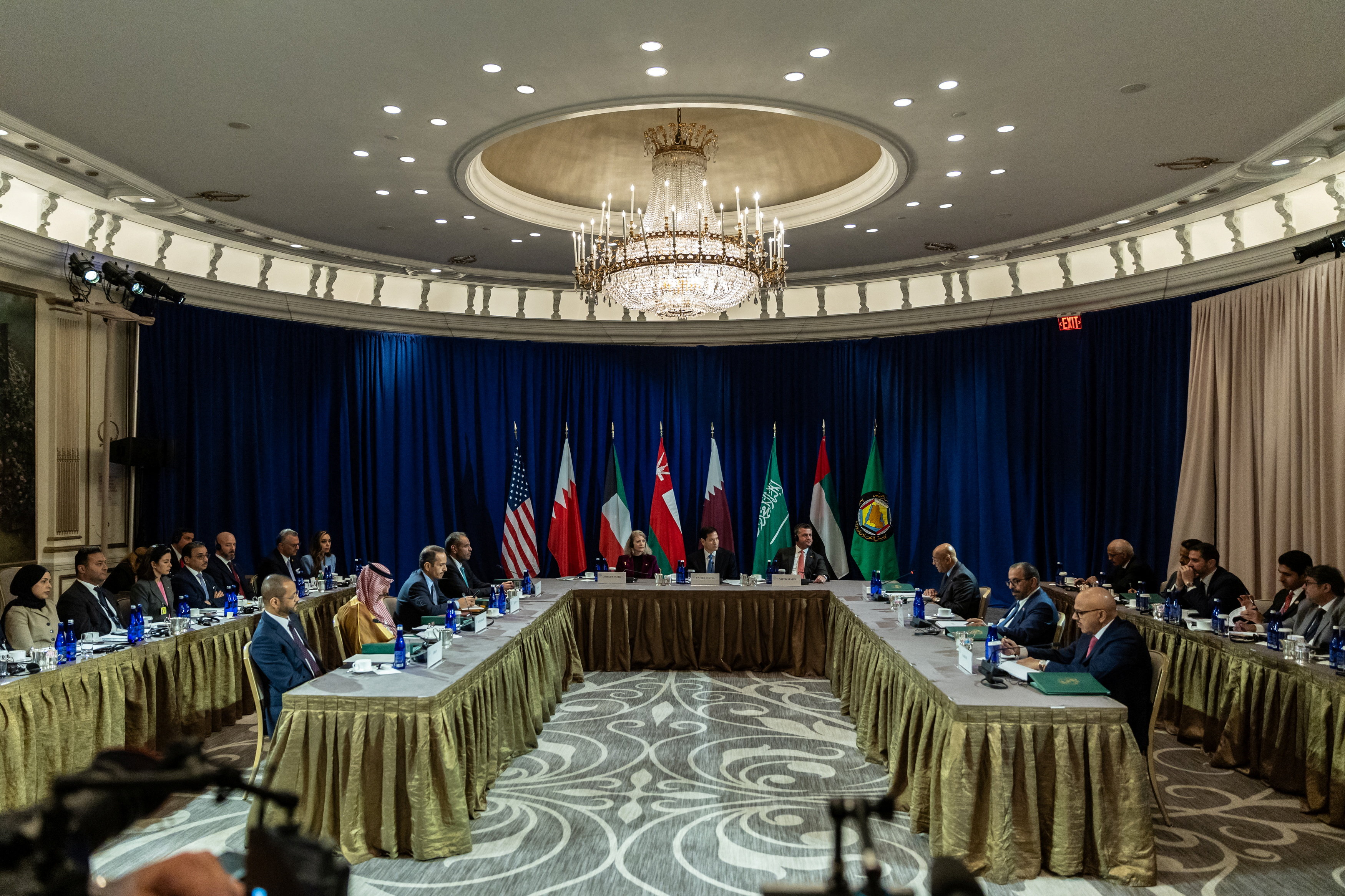 U.S. Secretary of State Marco Rubio attends a meeting with the Foreign Ministers of the Gulf Cooperation Council nations as part of the 80th session of the United Nations General Assembly at the Lotte Palace Hotel, in New York, U.S., September 24, 2025. Stefan Jeremiah/Pool via REUTERS