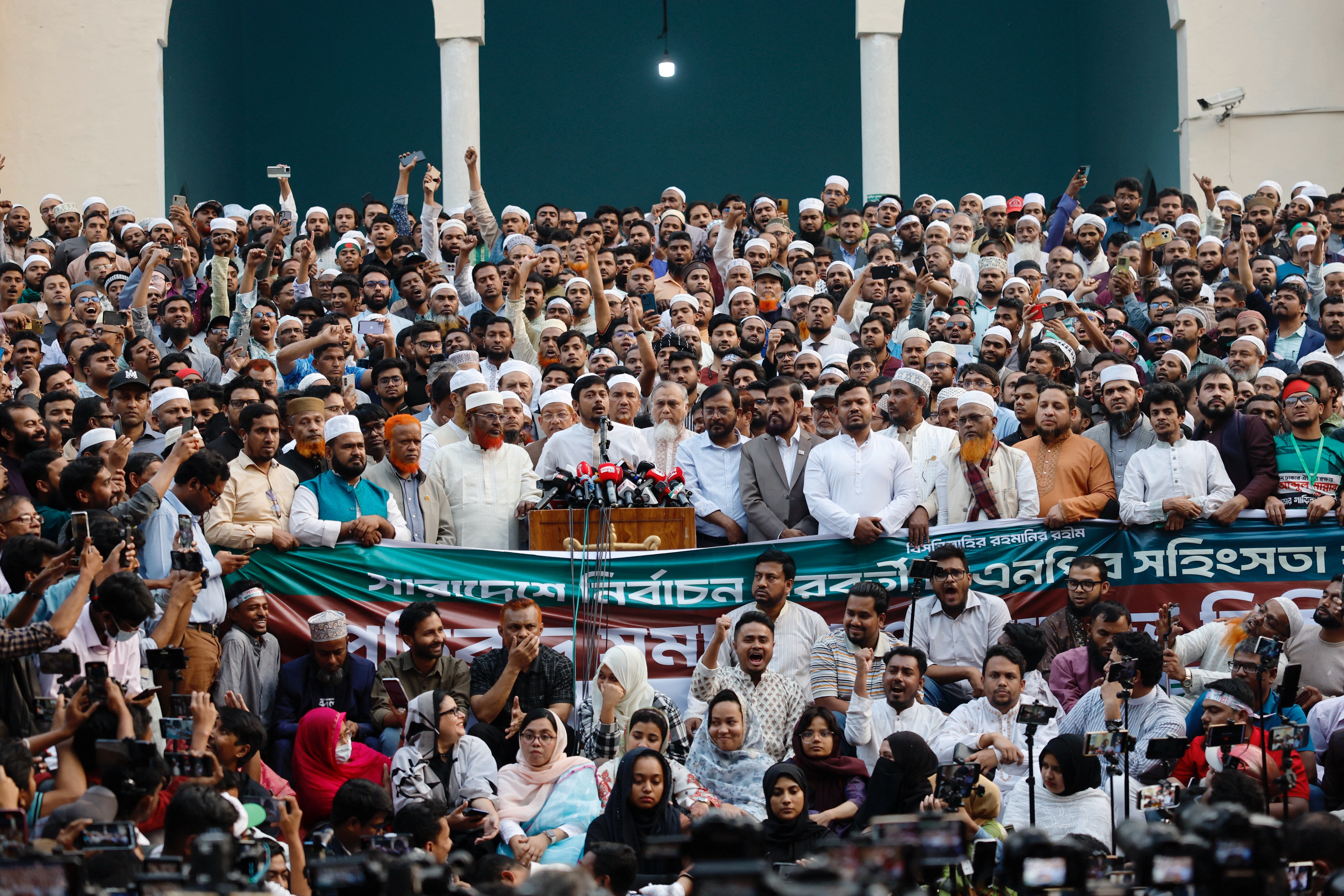 Supporters of Bangladesh's Jamaat-e-Islami and its allies attend a protest against post-election violence, in Dhaka, Bangladesh, February 16, 2026. REUTERS/Mohammad Ponir Hossain