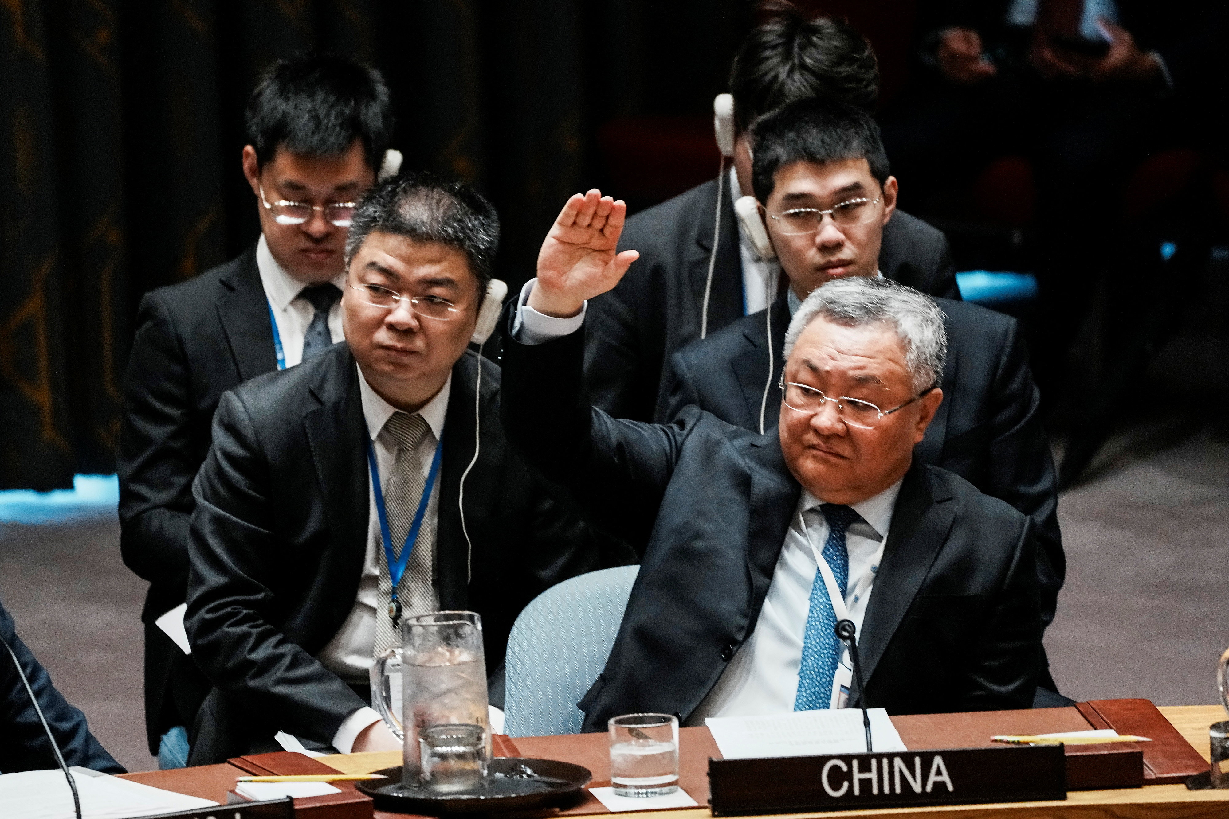 China's permanent representative to the UN, Fu Cong, votes against a sanctions resolution regarding the situation in Iran and the Middle East at the UNSC