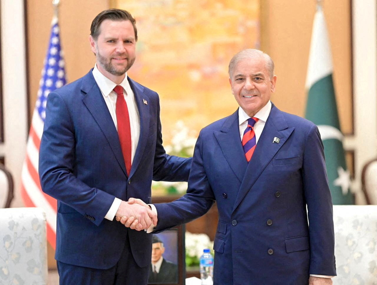 Pakistan's Prime Minister Shehbaz Sharif shakes hands with U.S. Vice President JD Vance during their meeting, on the day delegations from the United States and Iran are to hold peace talks, in Islamabad, Pakistan, April 11, 2026. Pakistan's Prime Minister Office/Handout via REUTERS THIS IMAGE HAS BEEN SUPPLIED BY A THIRD PARTY. BEST QUALITY AVAILABLE. TPX IMAGES OF THE DAY