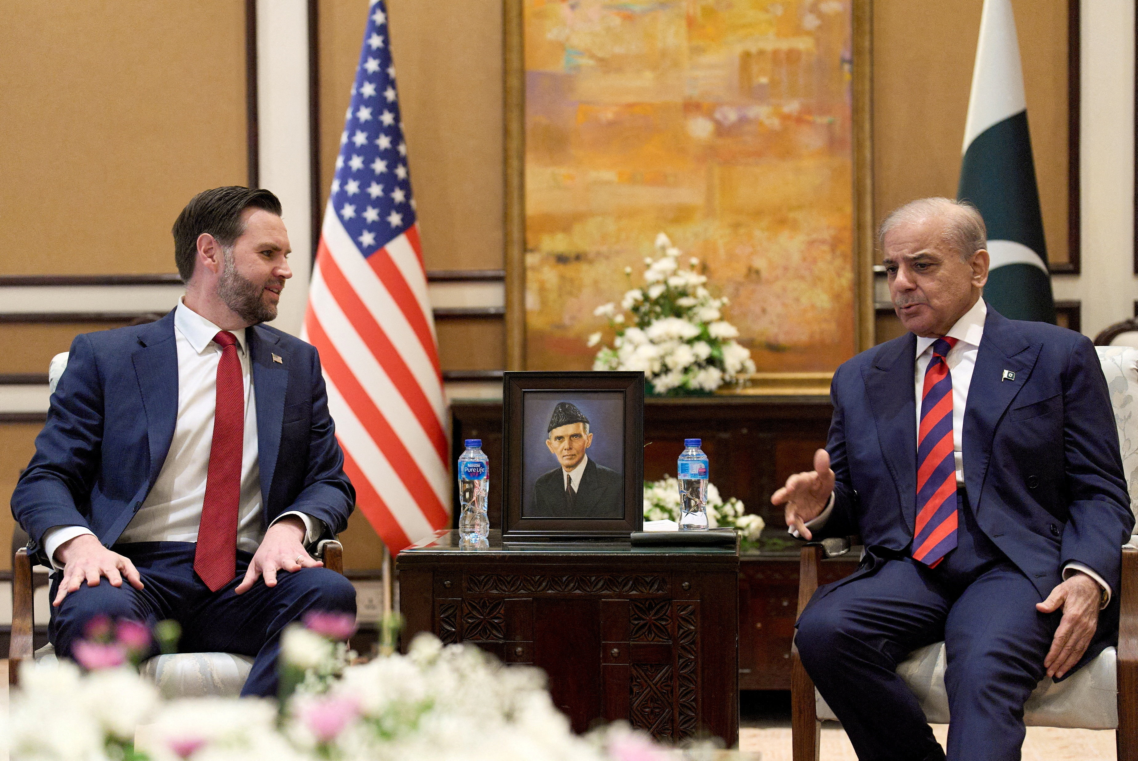 U.S. Vice President JD Vance meets with Pakistan's Prime Minister Shehbaz Sharif for talks about Iran, in Islamabad, Pakistan, April 11, 2026. Jacquelyn Martin/Pool via REUTERS