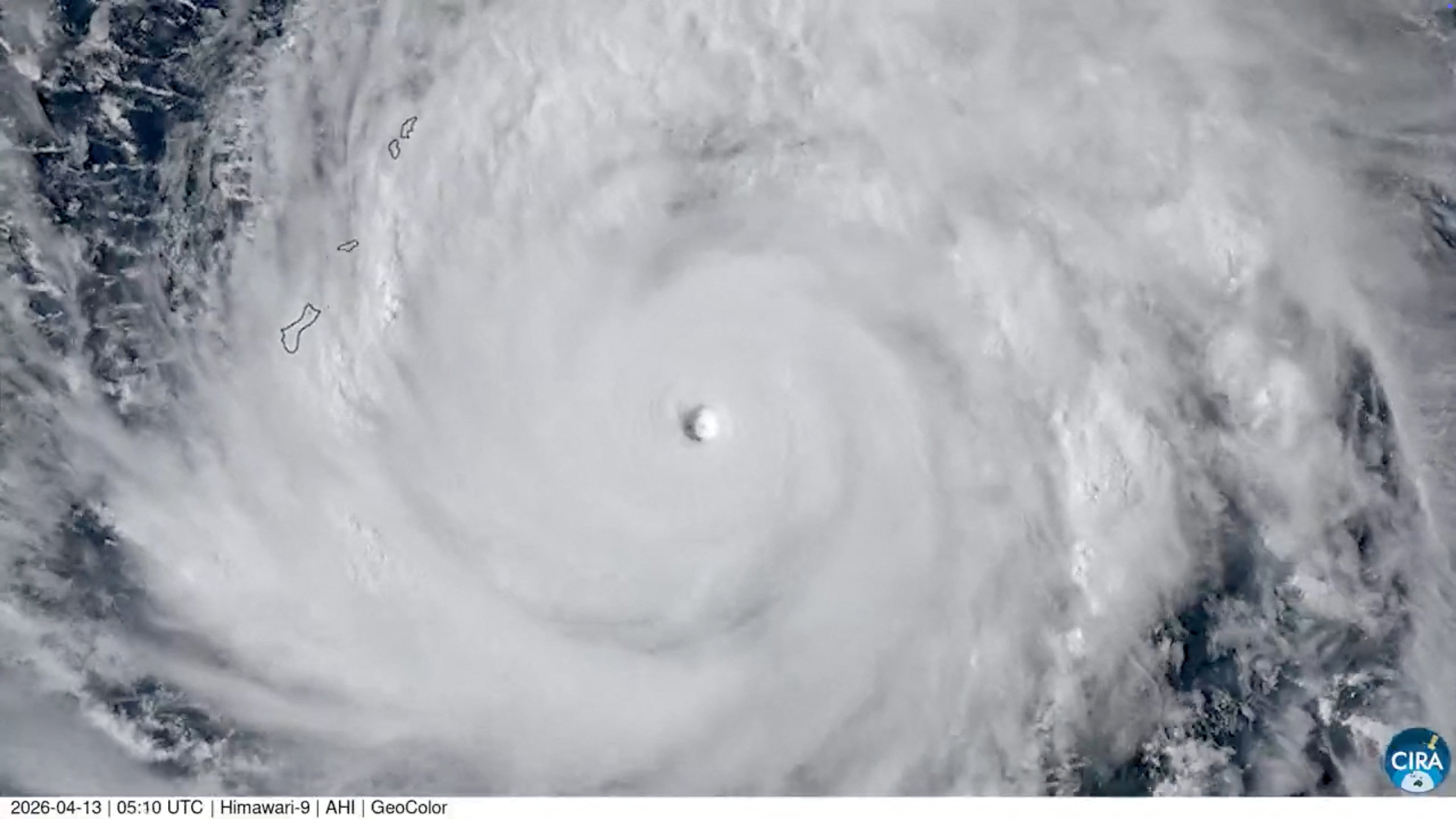 A satellite image of Super Typhoon Sinlaku approaching the Mariana Islands and Guam over the Pacific Ocean, in this handout picture taken from a video and released April 13, 2026. CSU/CIRA &amp; JMA/JAXA/Handout via REUTERS THIS IMAGE HAS BEEN SUPPLIED BY A THIRD PARTY. MUST ON-SCREEN COURTESY. MANDATORY CREDIT. OVERLAY FROM SOURCE.