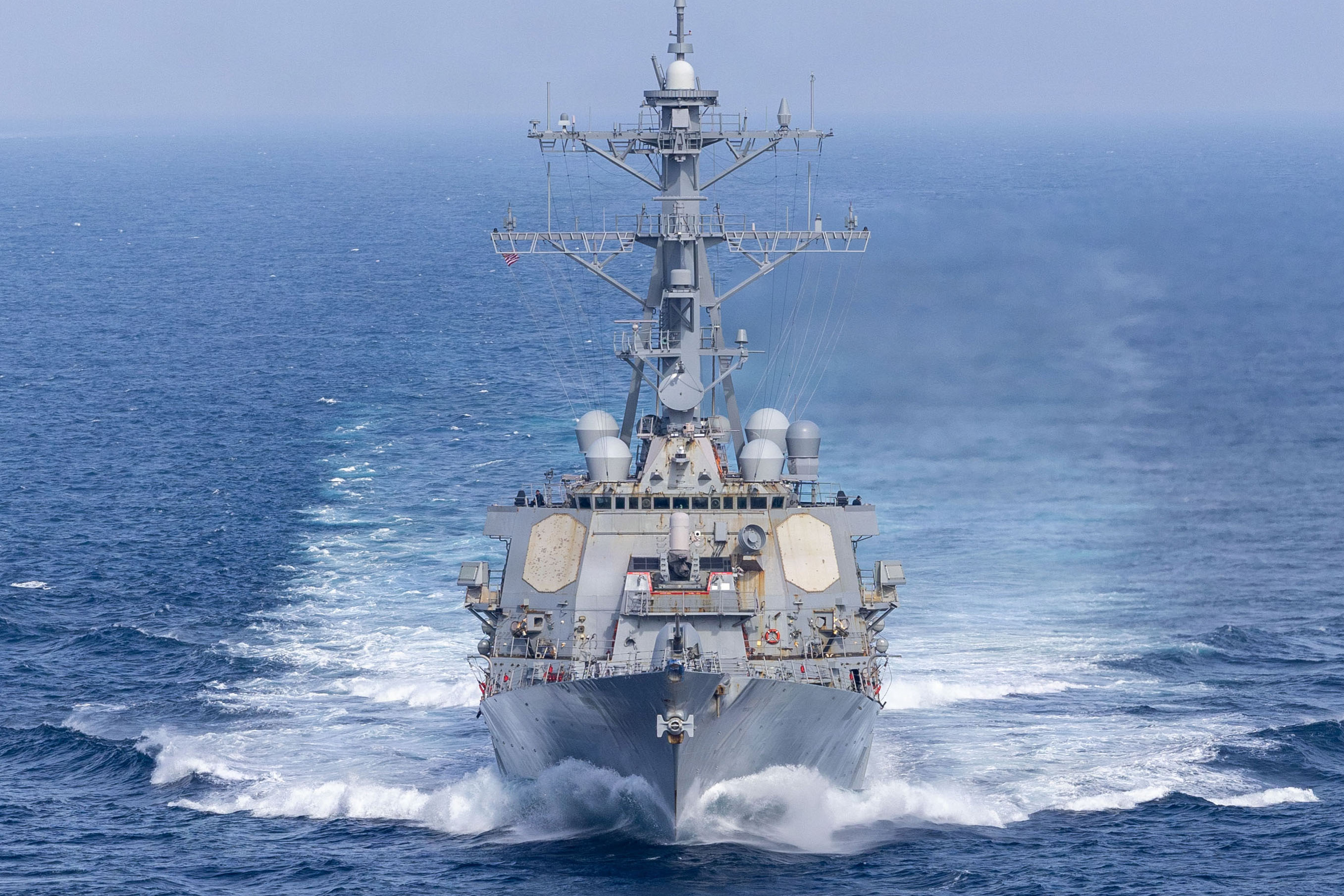 The Arleigh Burke-class guided-missile destroyer USS Ross transits the Atlantic Ocean, February 21, 2026. [Jayden Brown/US Navy]