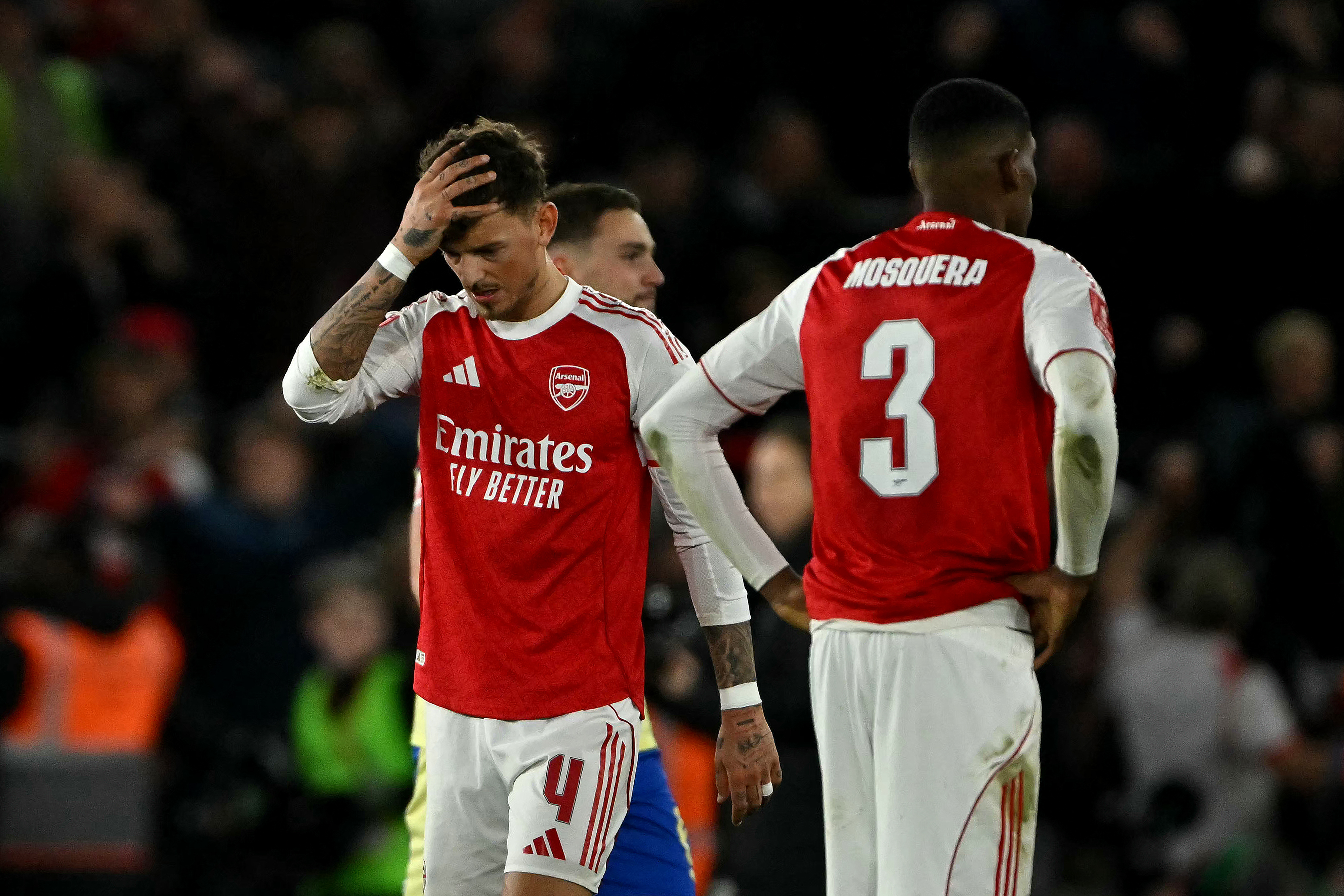 Arsenal's English defender #04 Ben White reacts after the English FA Cup quarter final football match between Southampton and Arsenal at St Mary's Stadium in Southampton, southern England on April 4, 2026. The match finished Southampton 2 Arsenal 1 (Photo by Glyn KIRK / AFP) / RESTRICTED TO EDITORIAL USE. No use with unauthorized audio, video, data, fixture lists, club/league logos or 'live' services. Online in-match use limited to 120 images. An additional 40 images may be used in extra time. No video emulation. Social media in-match use limited to 120 images. An additional 40 images may be used in extra time. No use in betting publications, games or single club/league/player publications. /