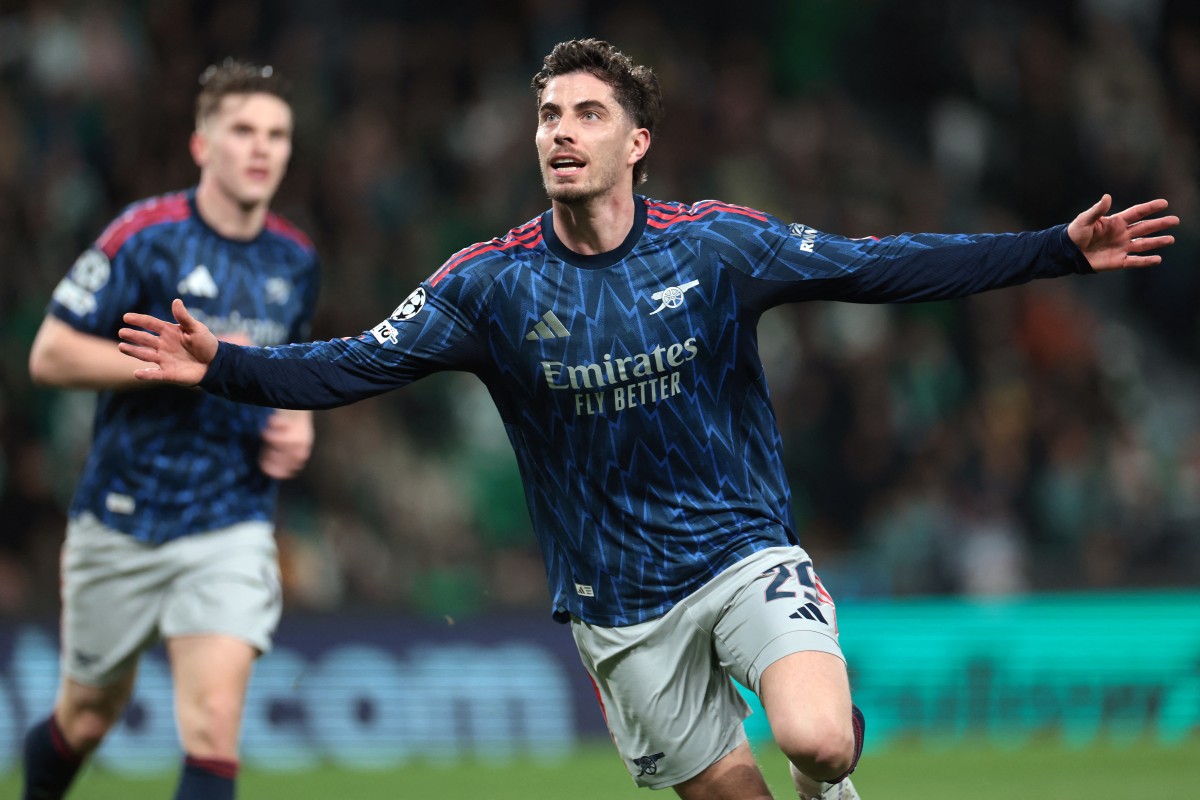 Arsenal's German midfielder #29 Kai Havertz celebrates after scoring during the UEFA Champions League quarter final first leg football match between Sporting CP