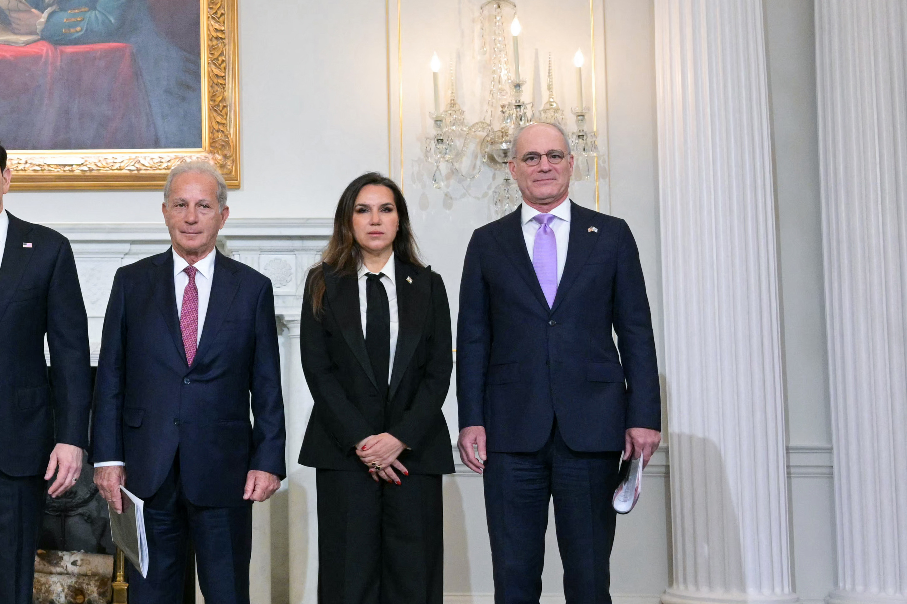 Lebanon's Ambassador to the US Nada Hamadeh Moawad and Israeli Ambassador to the US Yechiel Leiter stand together before meeting at the State Department in Washington, DC, on April 14, 2026. [Oliver Contreras/AFP]