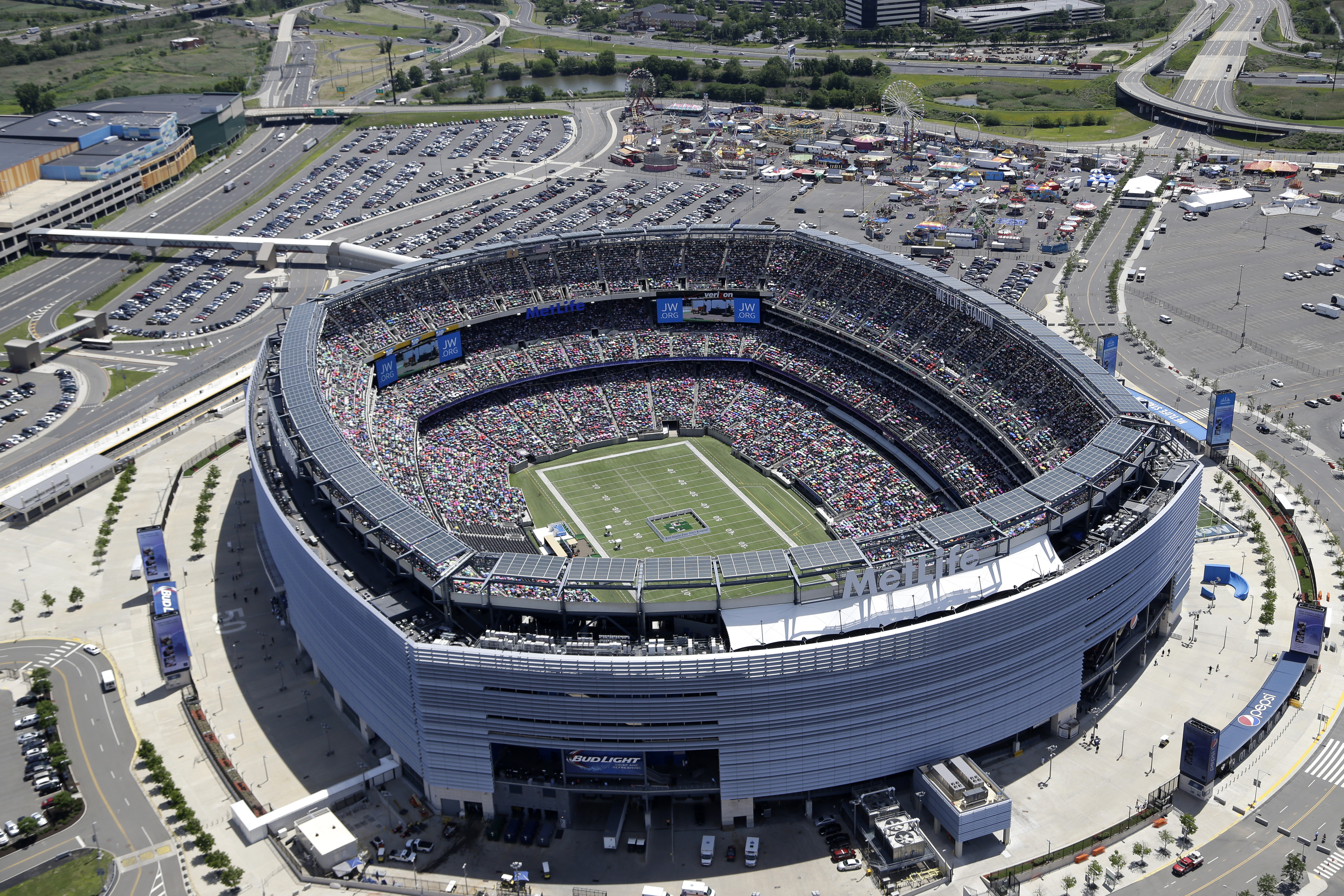 An aerial view showing MetLife Stadium in East Rutherford, New Jersey