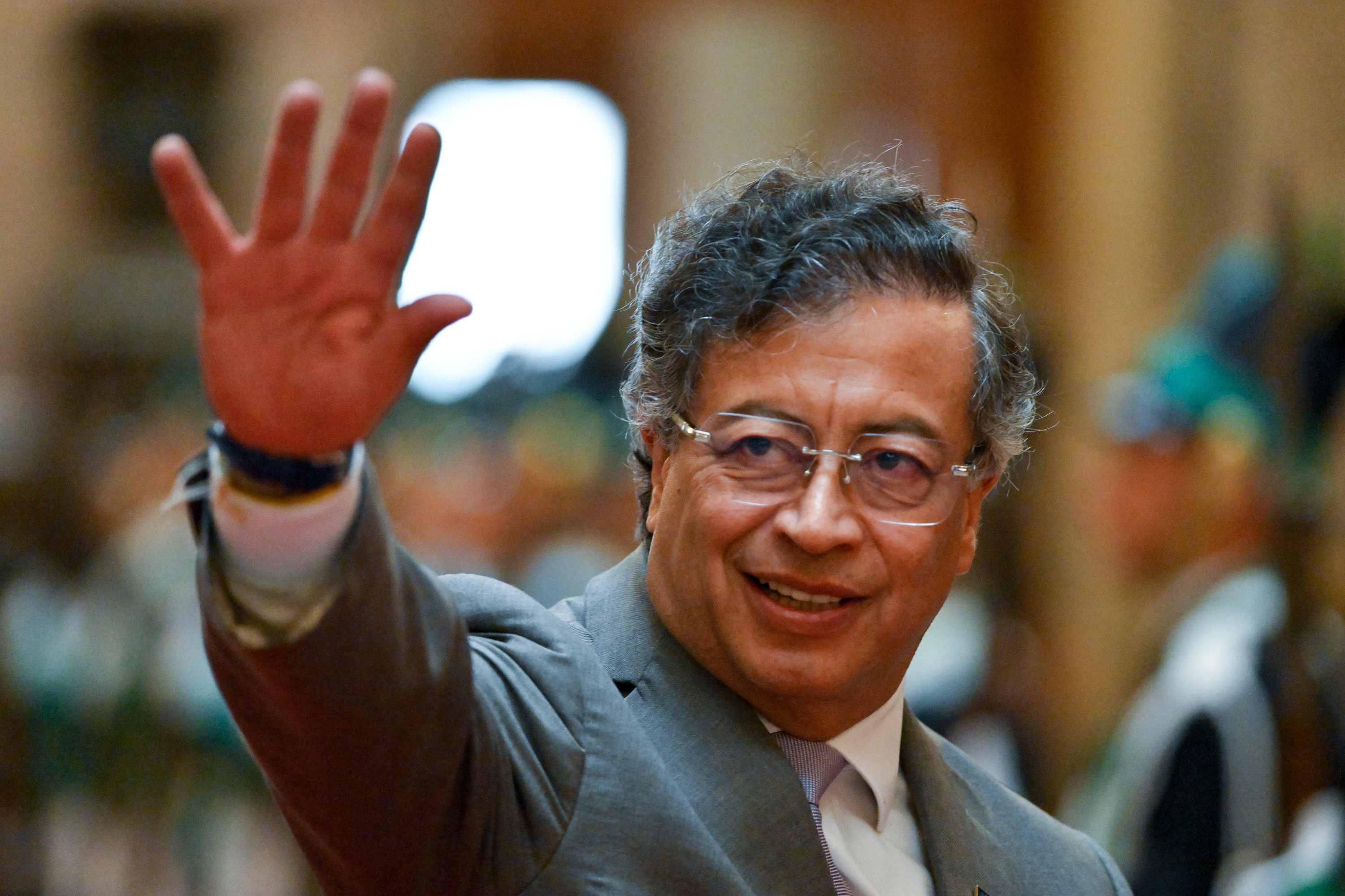 Colombia's President Gustavo Petro arrives to Congress to attend the swearing-in ceremony for President-elect Yamandu Orsi, on Inauguration Day in Montevideo, Uruguay, Saturday, March 1, 2025. (AP Photo/Santiago Mazzarovich)