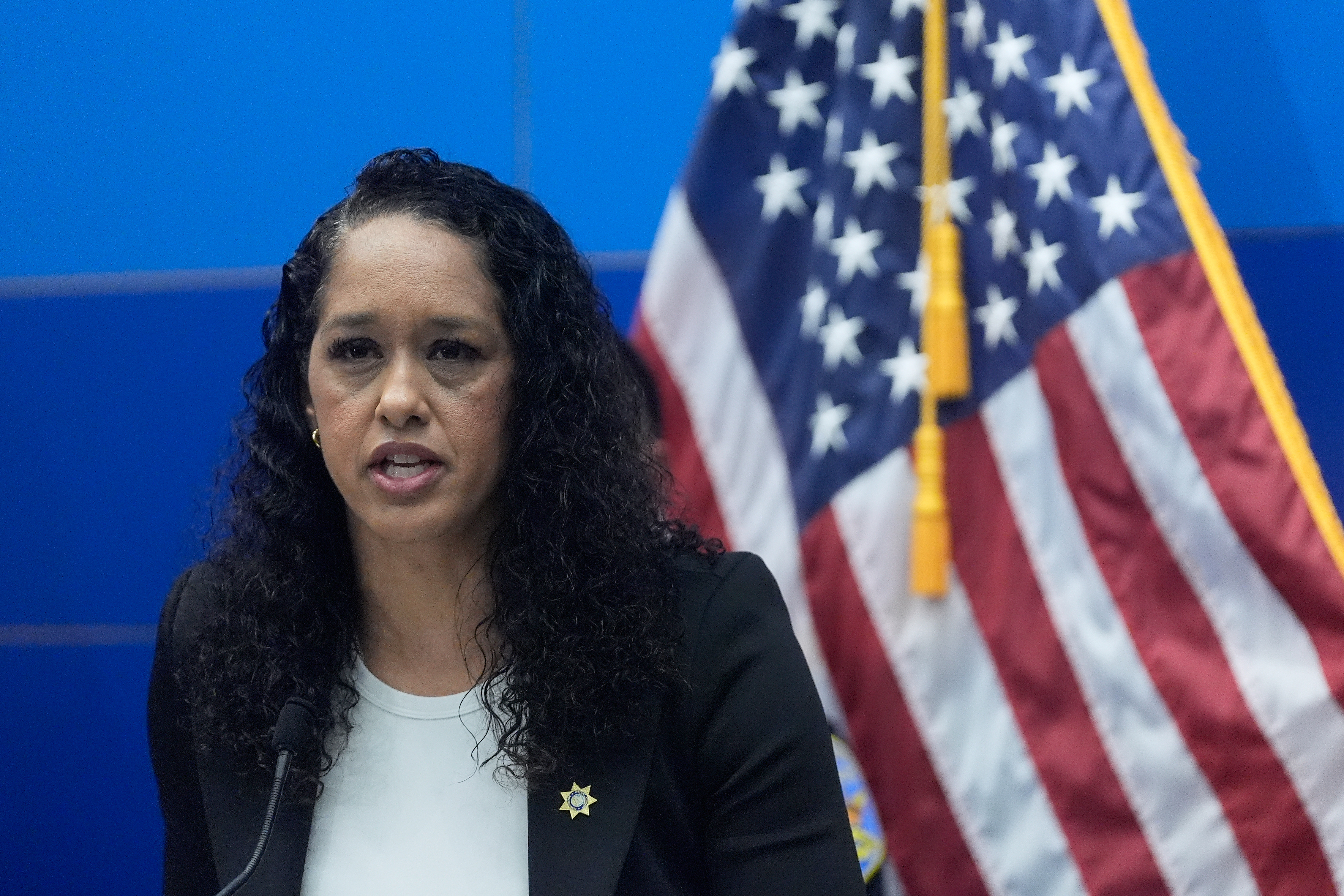 San Francisco District Attorney Brooke Jenkins speaks during a news conference on Monday in San Francisco