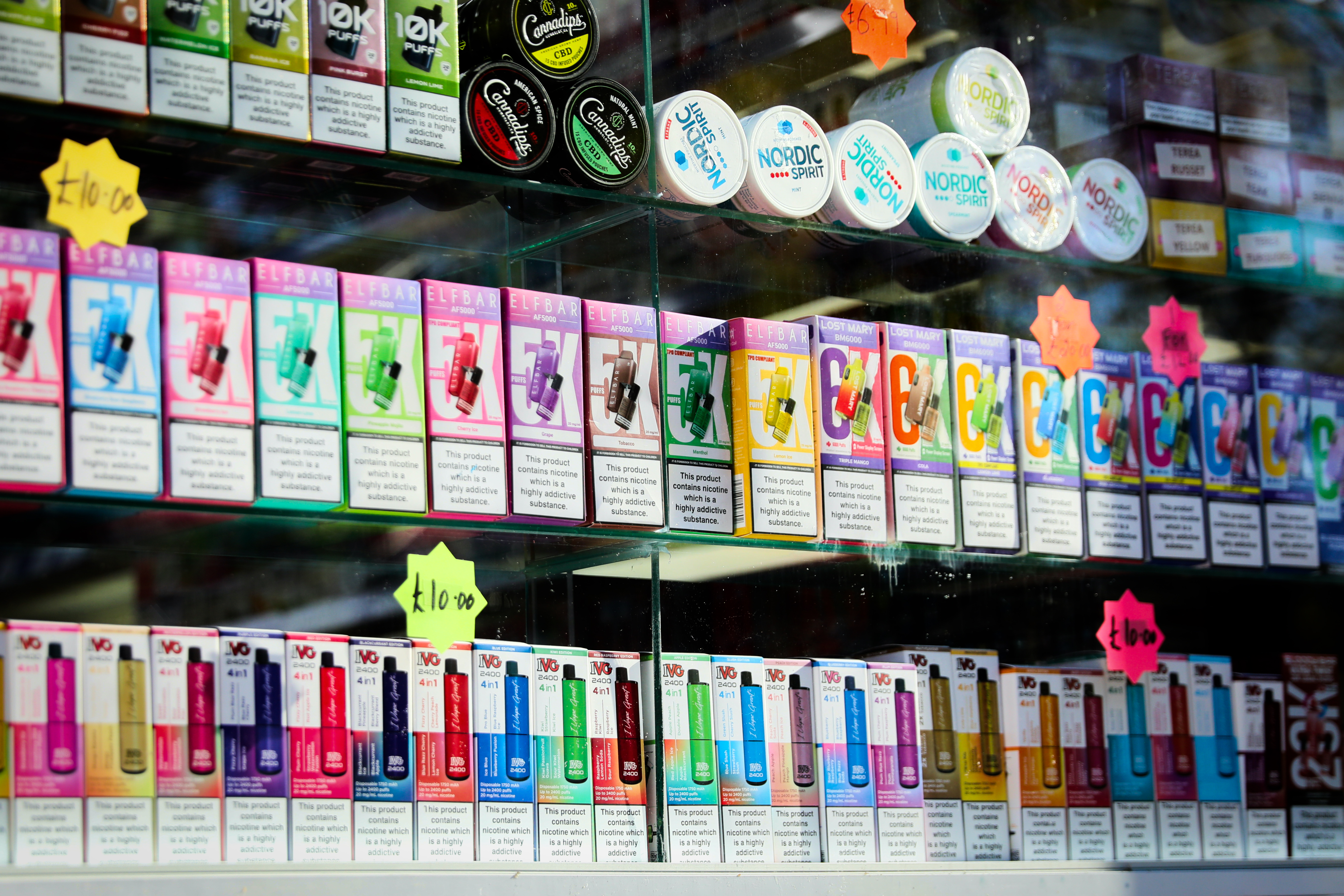 Disposable vapes of multiple flavours are displayed on October 27, 2024, in London, UK