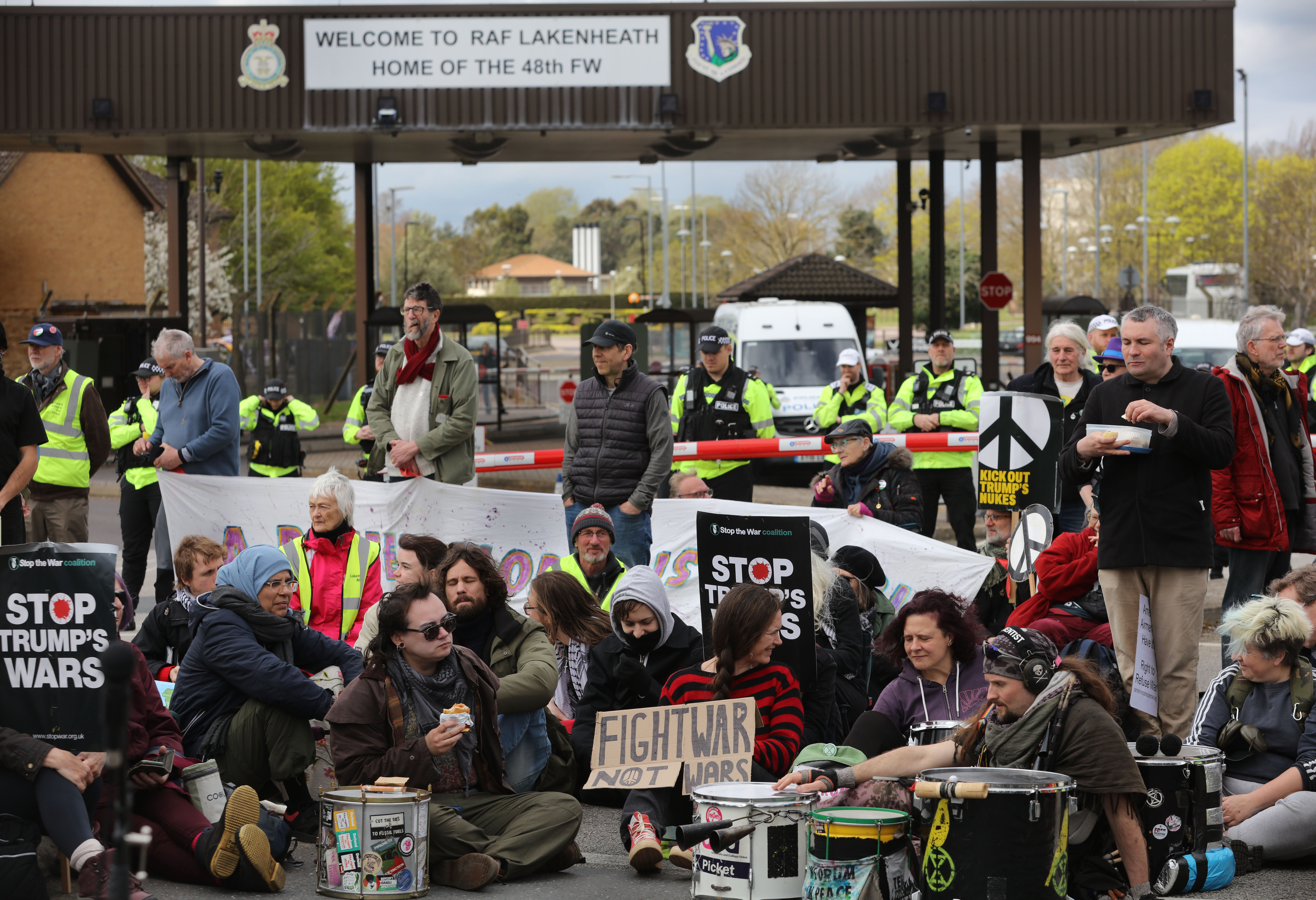 Protesters blockade the entrance to Lakenheath air base