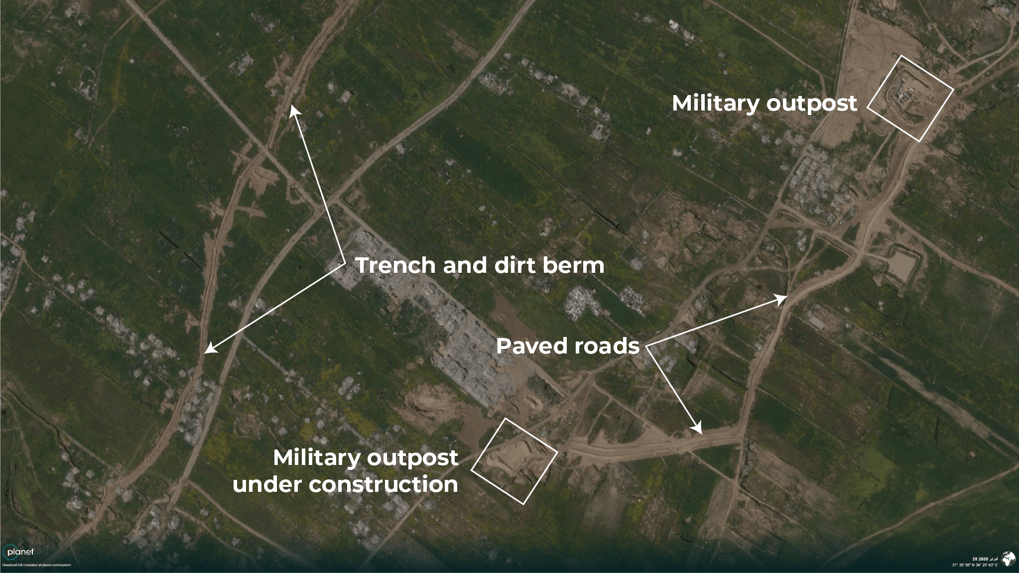Satellite images captured between February 20 and March 10, 2026, reveal significant engineering and expansion works at an Israeli military outpost east of Gaza City. [Al Jazeera/Planet]