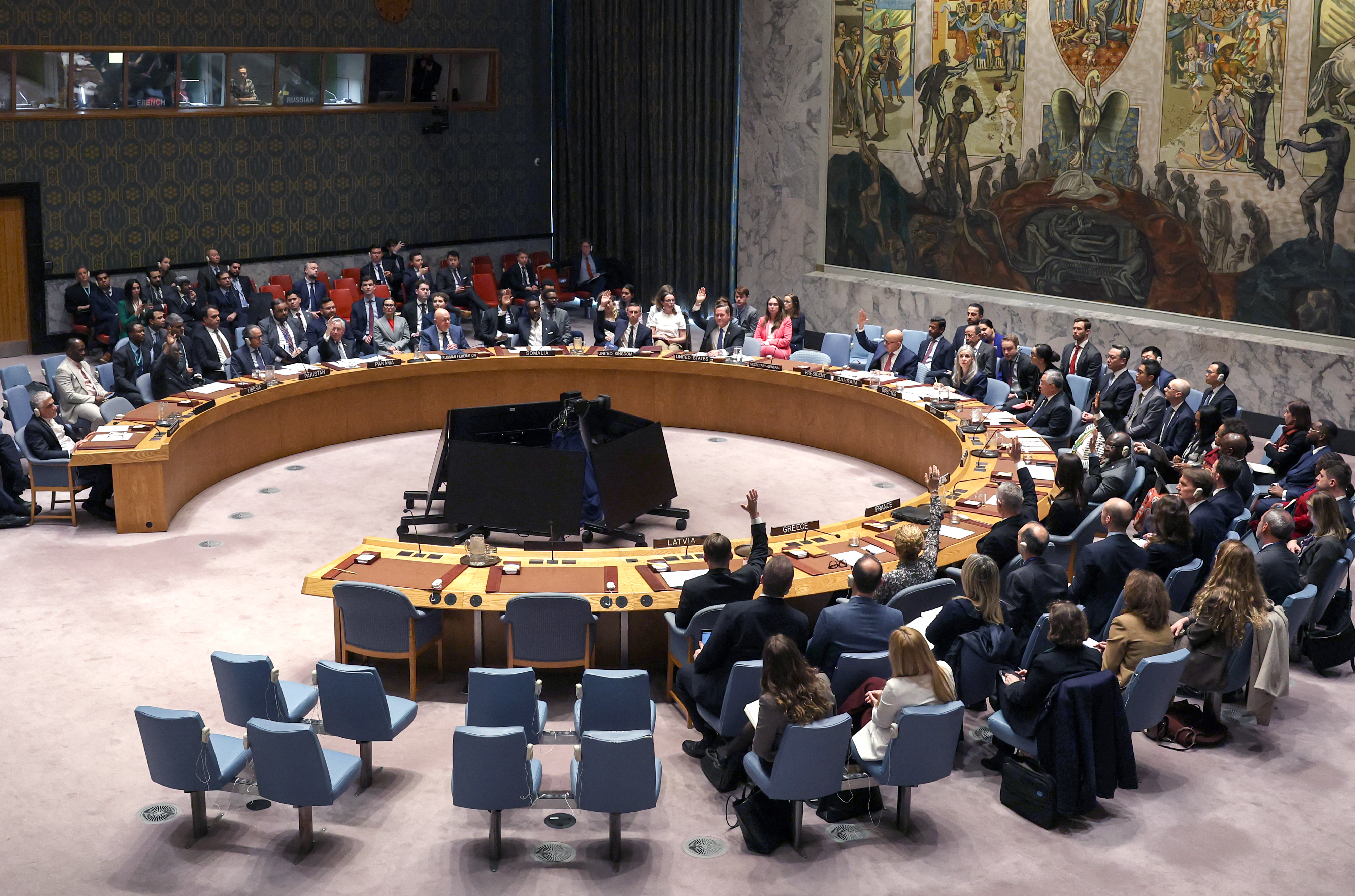 Members of the United Nations Security Council vote on a resolution calling for the unblocking of the Strait of Hormuz, during a UN Security Council meeting on Iran and the Middle East at UN headquarters in New York on April 7, 2026.