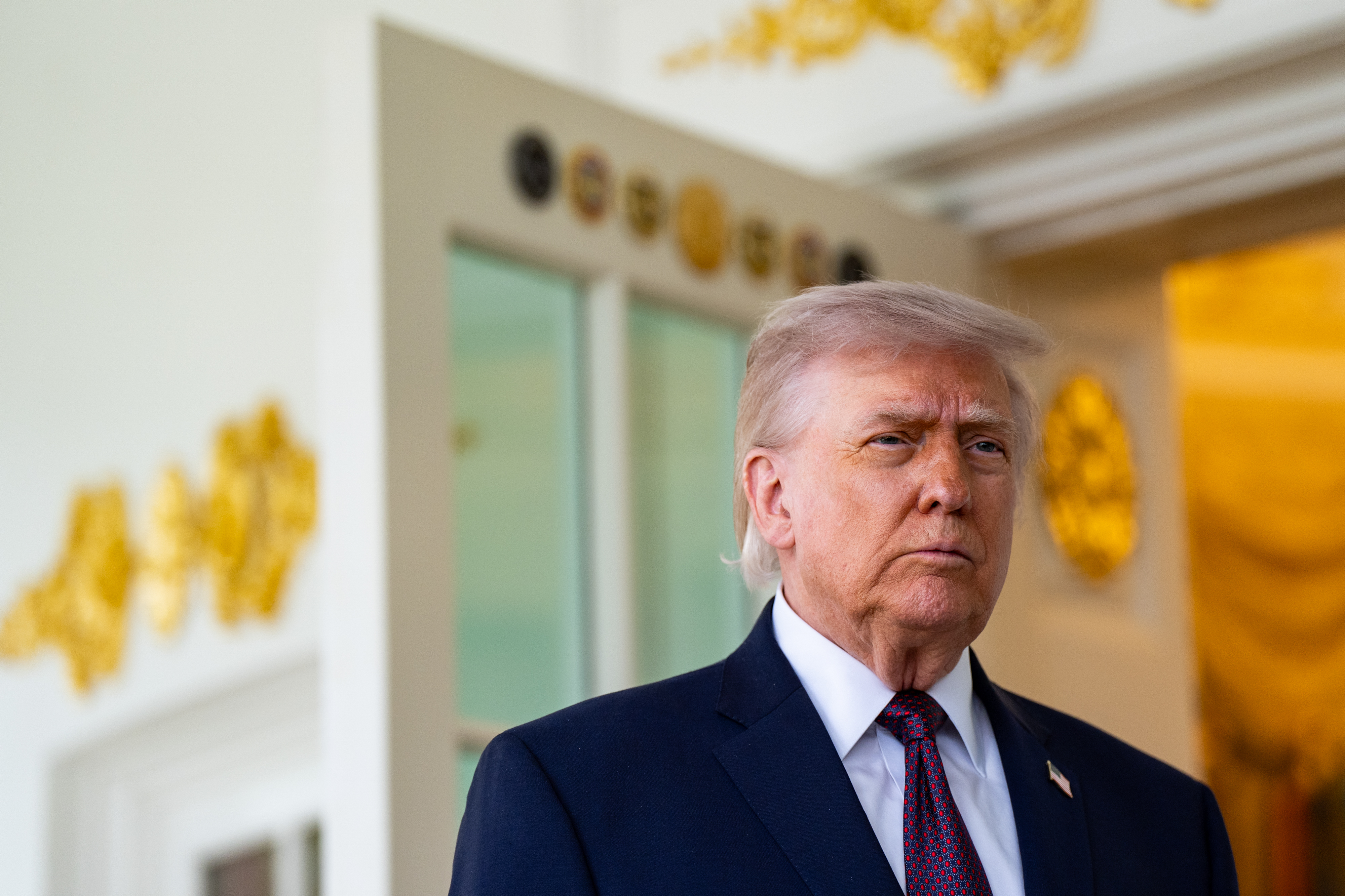 epa12887695 US President Donald Trump speaks to members of the media outside the Oval Office of the White House in Washington, DC, USA, 13 April 2026. EPA/SALWAN GEORGES / POOL