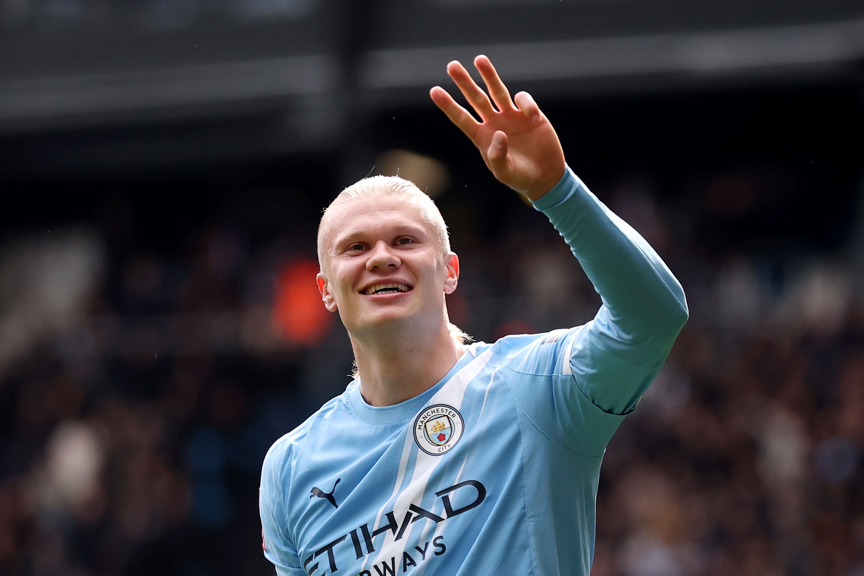 MANCHESTER, ENGLAND - APRIL 04: Erling Haaland of Manchester City celebrates scoring his team's fourth goal, and his hat-trick during the Emirates FA Cup Quarter Final match between Manchester City and Liverpool at Etihad Stadium on April 04, 2026 in Manchester, England. (Photo by Carl Recine/Getty Images)