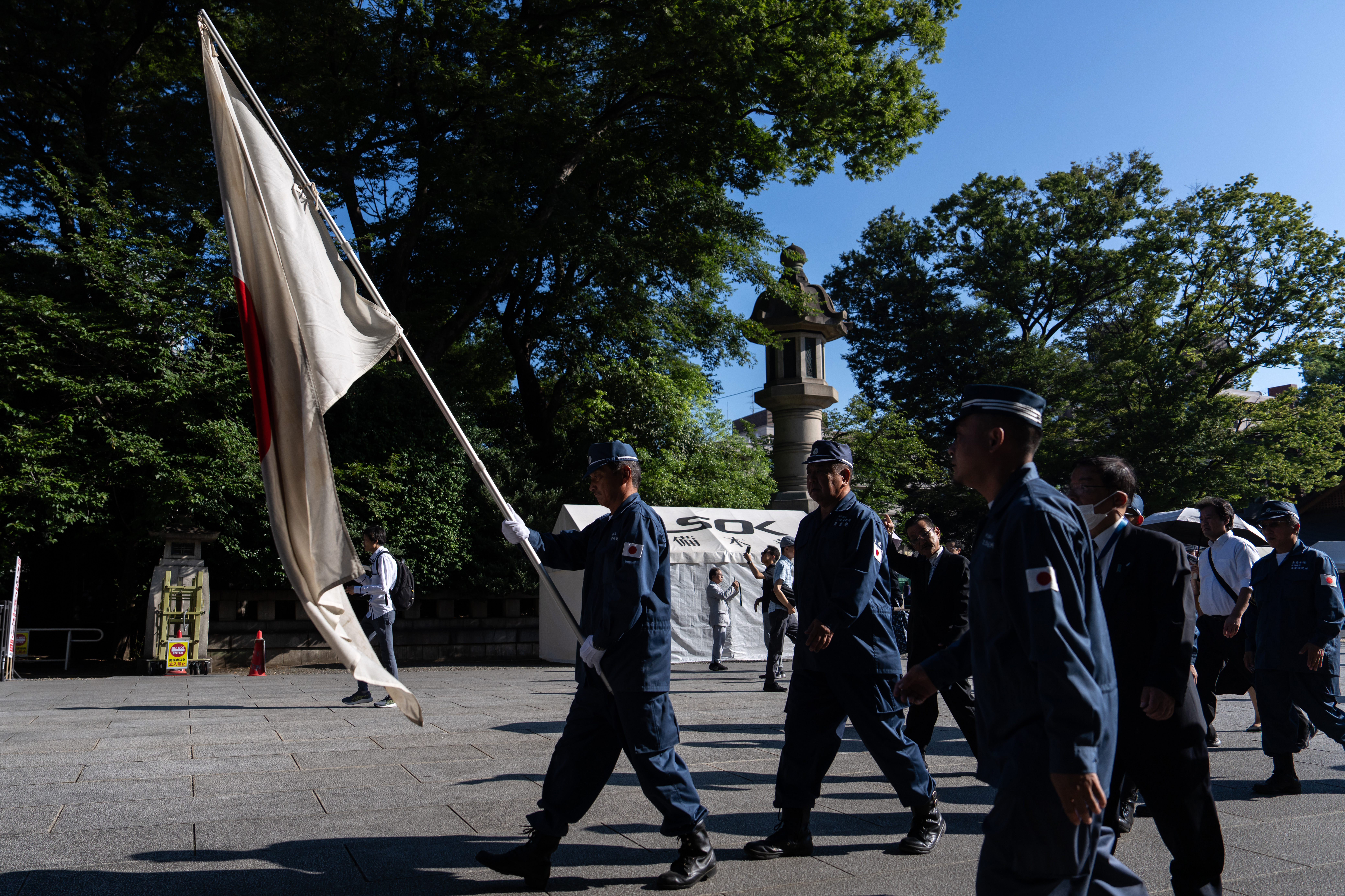 TOKYO, JAPAN - AUGUST 15: People visit the Yasukuni Shrine on August 15, 2025 in Tokyo, Japan. Japan marked the 80th anniversary of its surrender in World War II today. (Photo by Tomohiro Ohsumi/Getty Images)