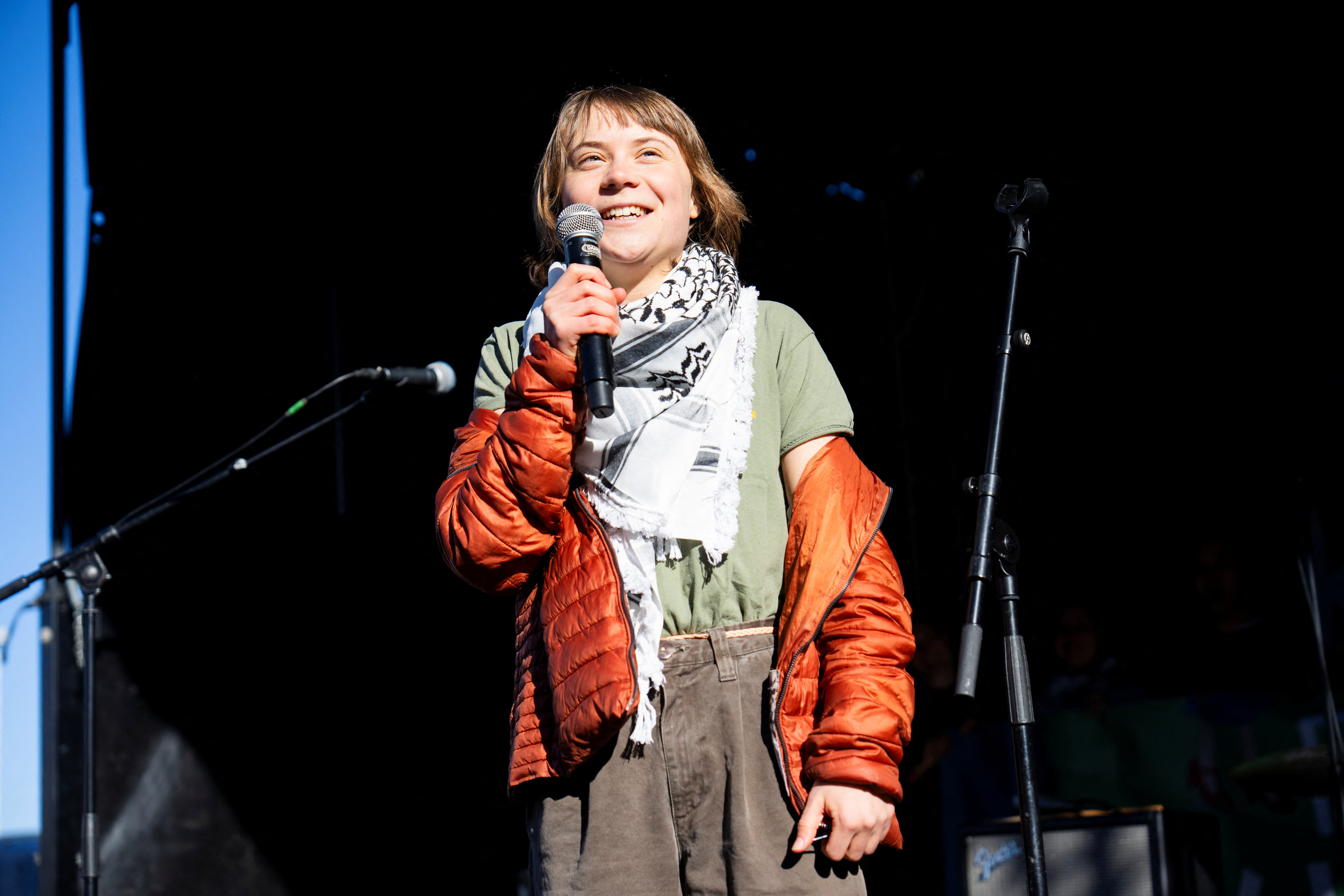 Swedish activist Greta Thunberg speaks at Christiansborg Slotsplads, in front of the Danish Parliament, during a climate march in Copenhagen, Denmark, March 21, 2026. Ritzau Scanpix/Martin Sylvest via REUTERS ATTENTION EDITORS - THIS IMAGE WAS PROVIDED BY A THIRD PARTY. DENMARK OUT. NO COMMERCIAL OR EDITORIAL SALES IN DENMARK.