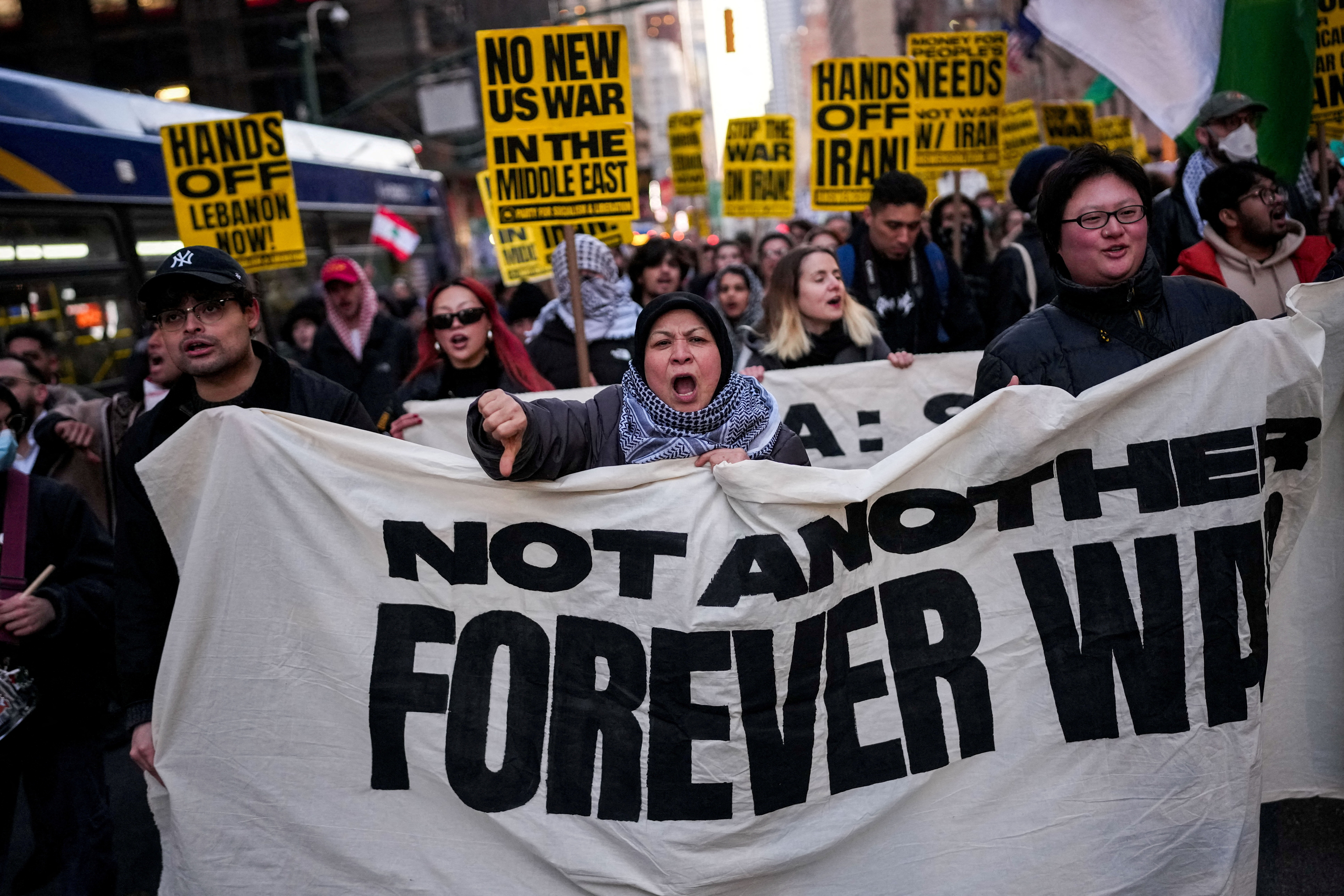 People march during a protest against the U.S.-Israeli conflict with Iran, and against conflict in Lebanon and Gaza, in New York City, U.S., April 8, 2026. REUTERS/Adam Gray TPX IMAGES OF THE DAY