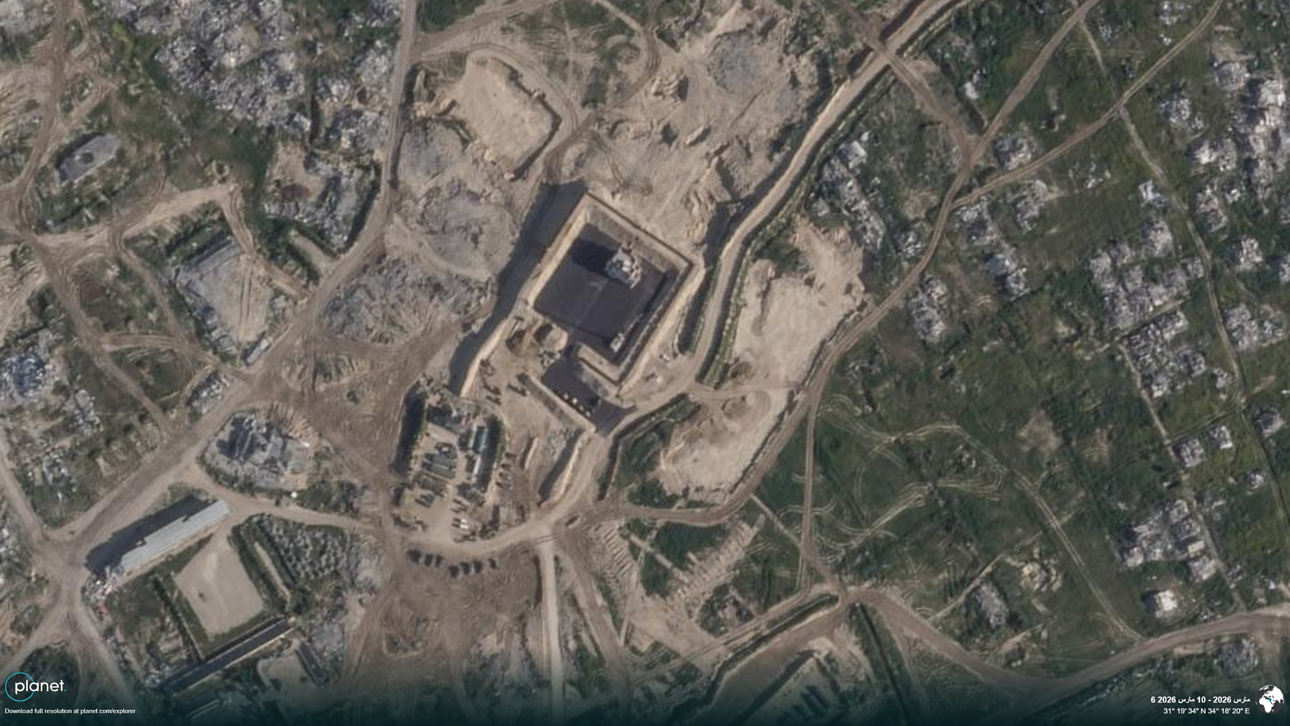 An Israeli military site in Khan Younis, southern Gaza, shows continuous development, paving, and fortification in March 2026. [Planet laba]