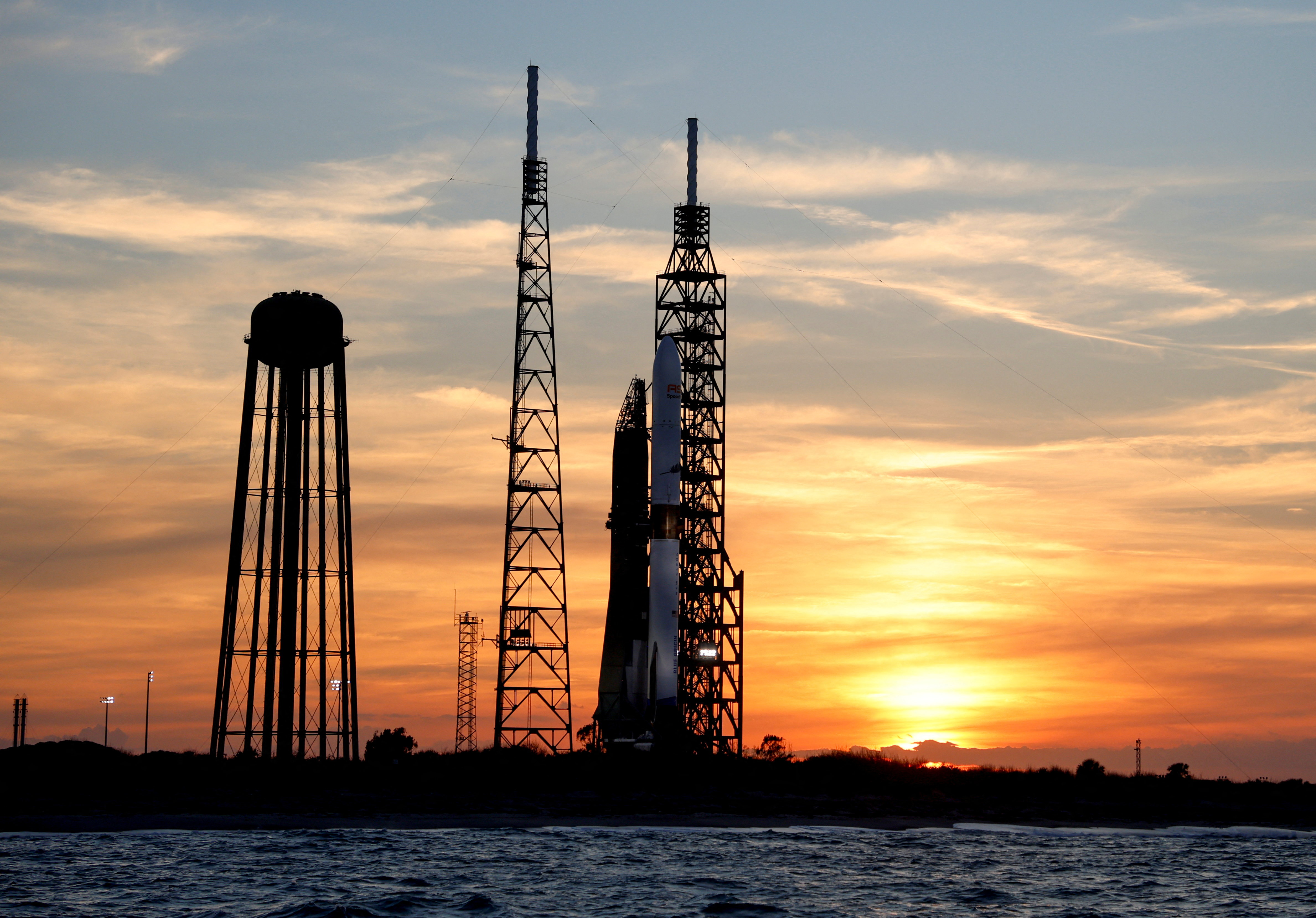 A Blue Origin New Glenn rocket is prepared for launch at the Cape Canaveral Space Force Station in Cape Canaveral, Florida
