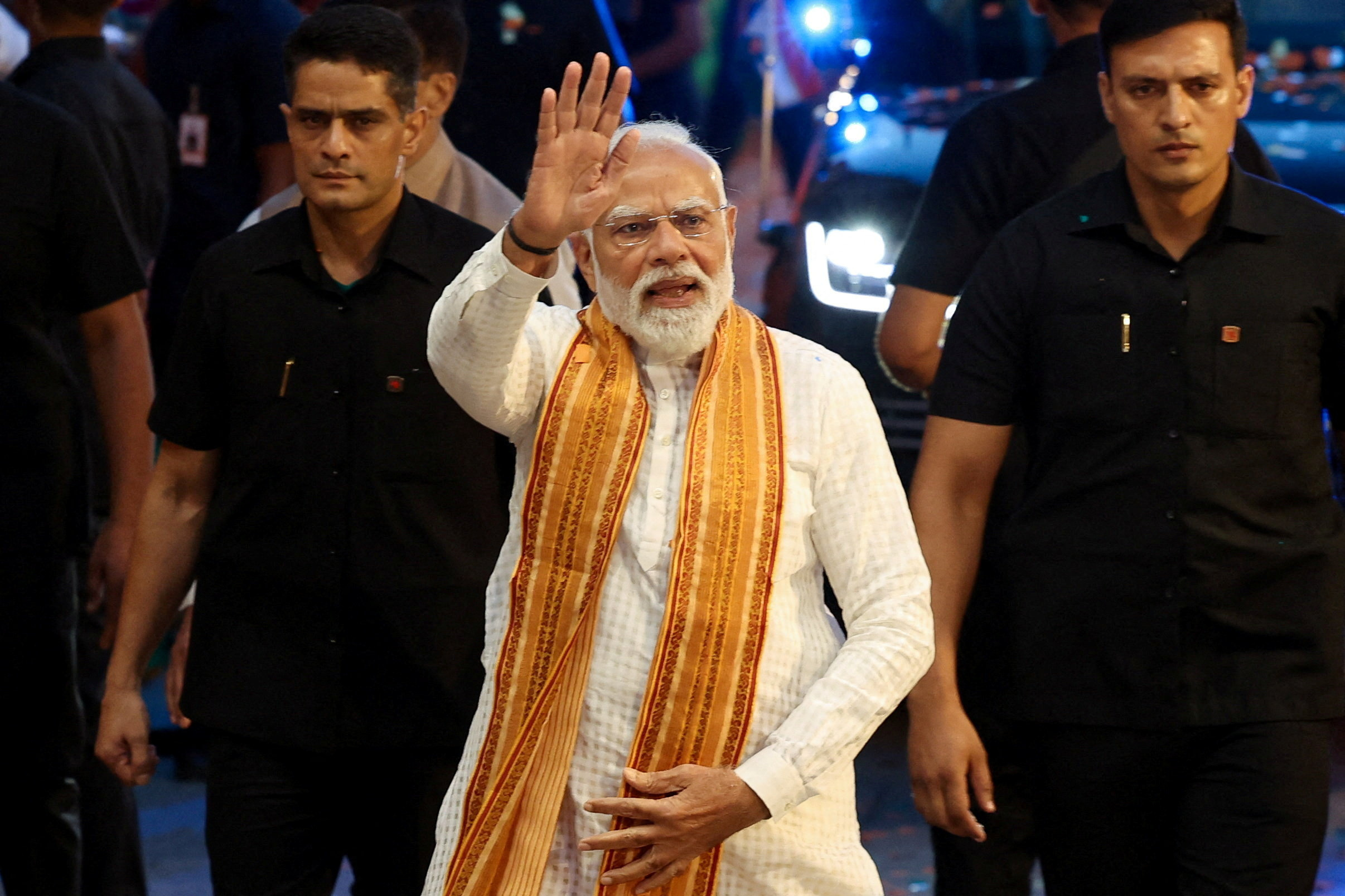 India's Prime Minister Narendra Modi greets his supporters as he arrives at the Bharatiya Janata Party (BJP) headquarters as the BJP won the Assam state assembly election and was on course to win West Bengal, in New Delhi, India, May 4, 2026. REUTERS/Adnan Abidi REFILE- CORRECTING FROM "AS BJP CELEBRATES ITS WIN IN THE WEST BENGAL AND ASSAM STATES' ASSEMBLY ELECTIONS" TO "AS THE BJP WON THE ASSAM STATE ASSEMBLY ELECTION AND WAS ON COURSE TO WIN WEST BENGAL".