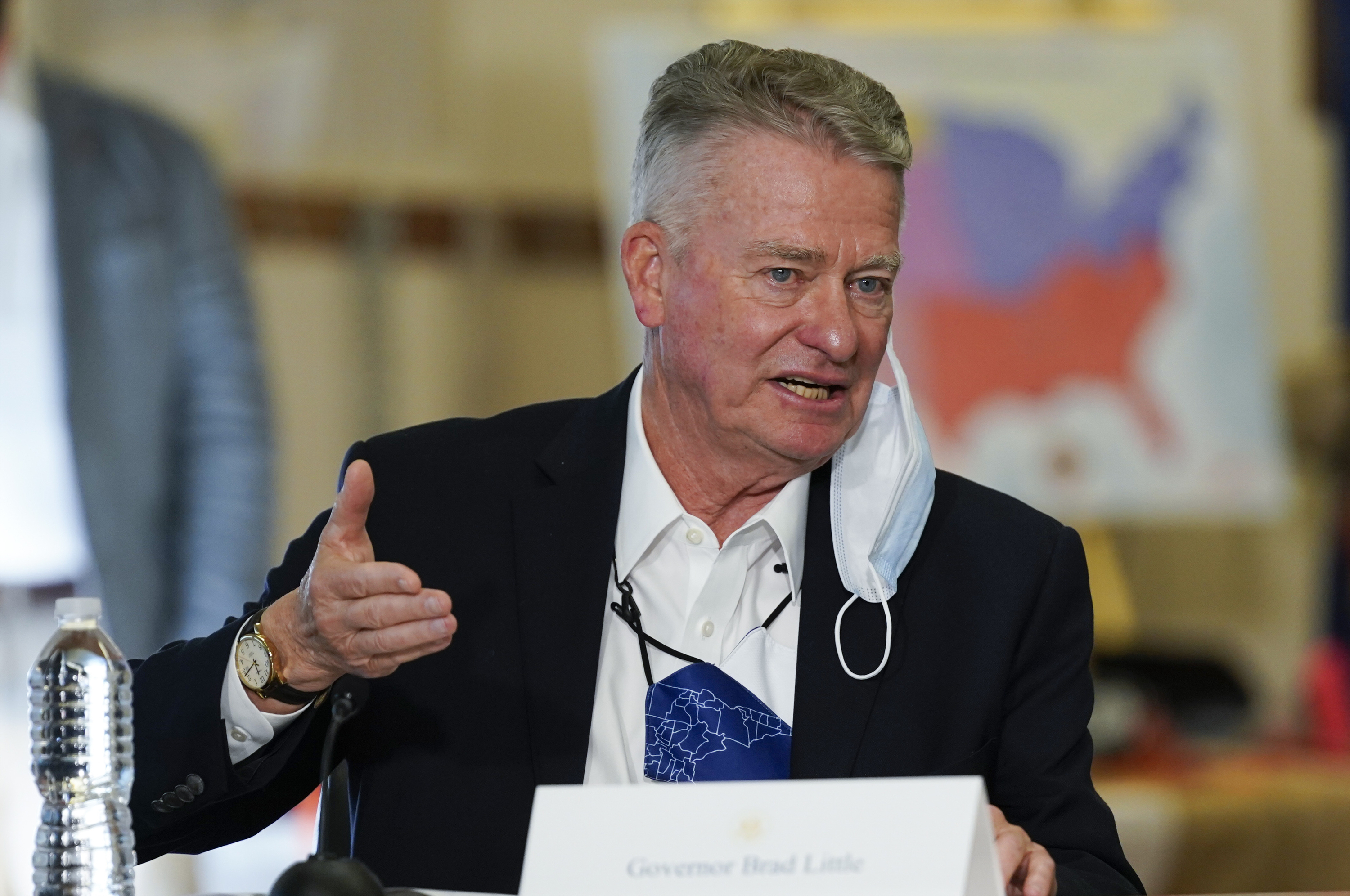 FILE - In this Sept. 13, 2021, file photo, Idaho Gov. Brad Little speaks as President Joe Biden visits to the National Interagency Fire Center in Boise, Idaho. Former President Donald Trump has endorsed Republican Lt. Gov. Janice McGeachin over incumbent Republican Gov. Little in the 2022 race for governor. Trump made the endorsement late Tuesday, Nov. 9, through his political action committee following visits from Little and McGeachin last week to his Mar-a-Lago club in Palm Beach, Fla. (AP Photo/Evan Vucci, File)