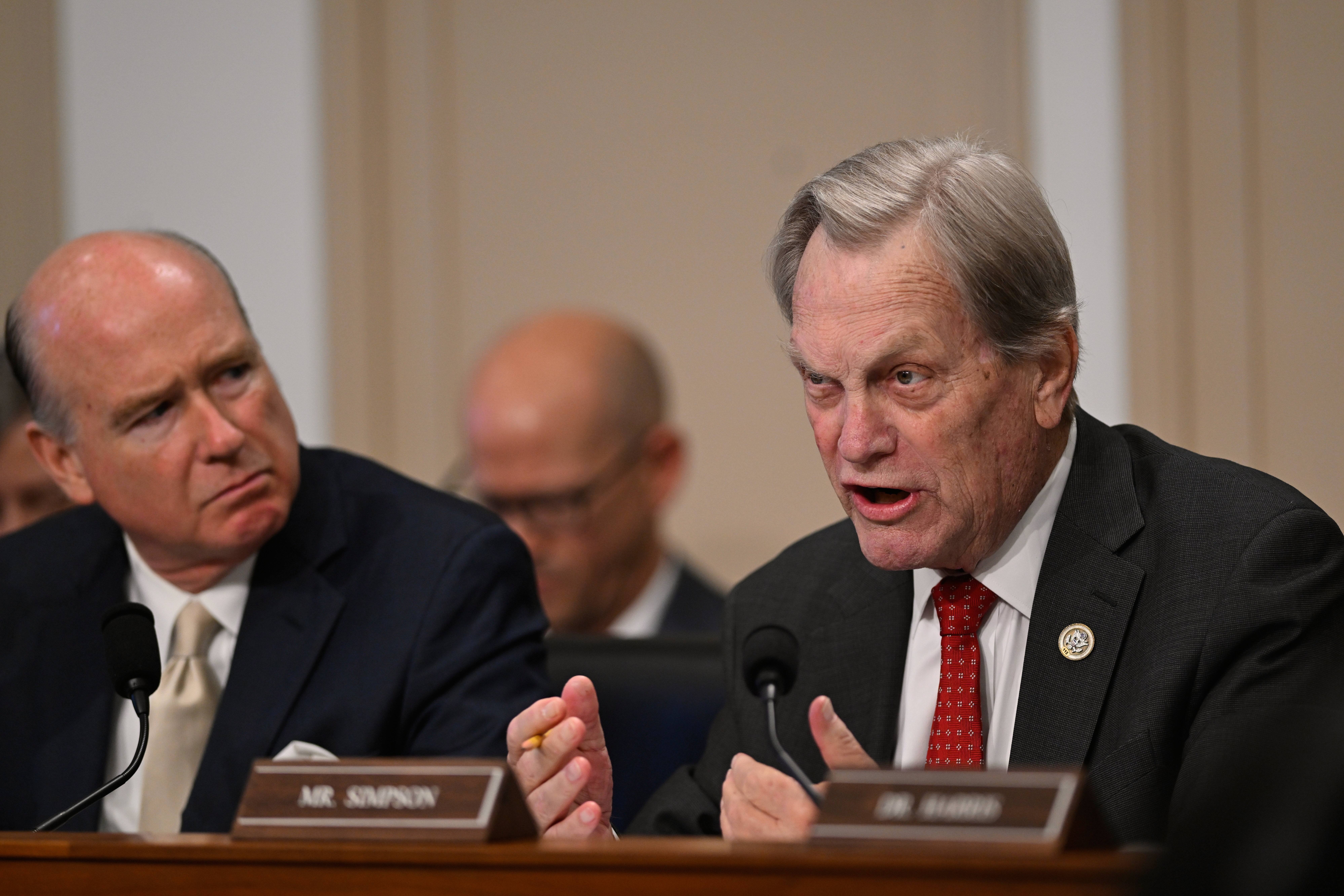 Chairman Rep. Robert Aderholt, R-Ala., left, listens to Rep. Mike Simpson, R-Idaho, questions Secretary of Health and Human Services Robert F. Kennedy Jr. as he appears at budget hearing before a House Appropriations, Subcommittee at the U.S. Capitol on Wednesday, May 14, 2025, in Washington. (AP Photo/John McDonnell)