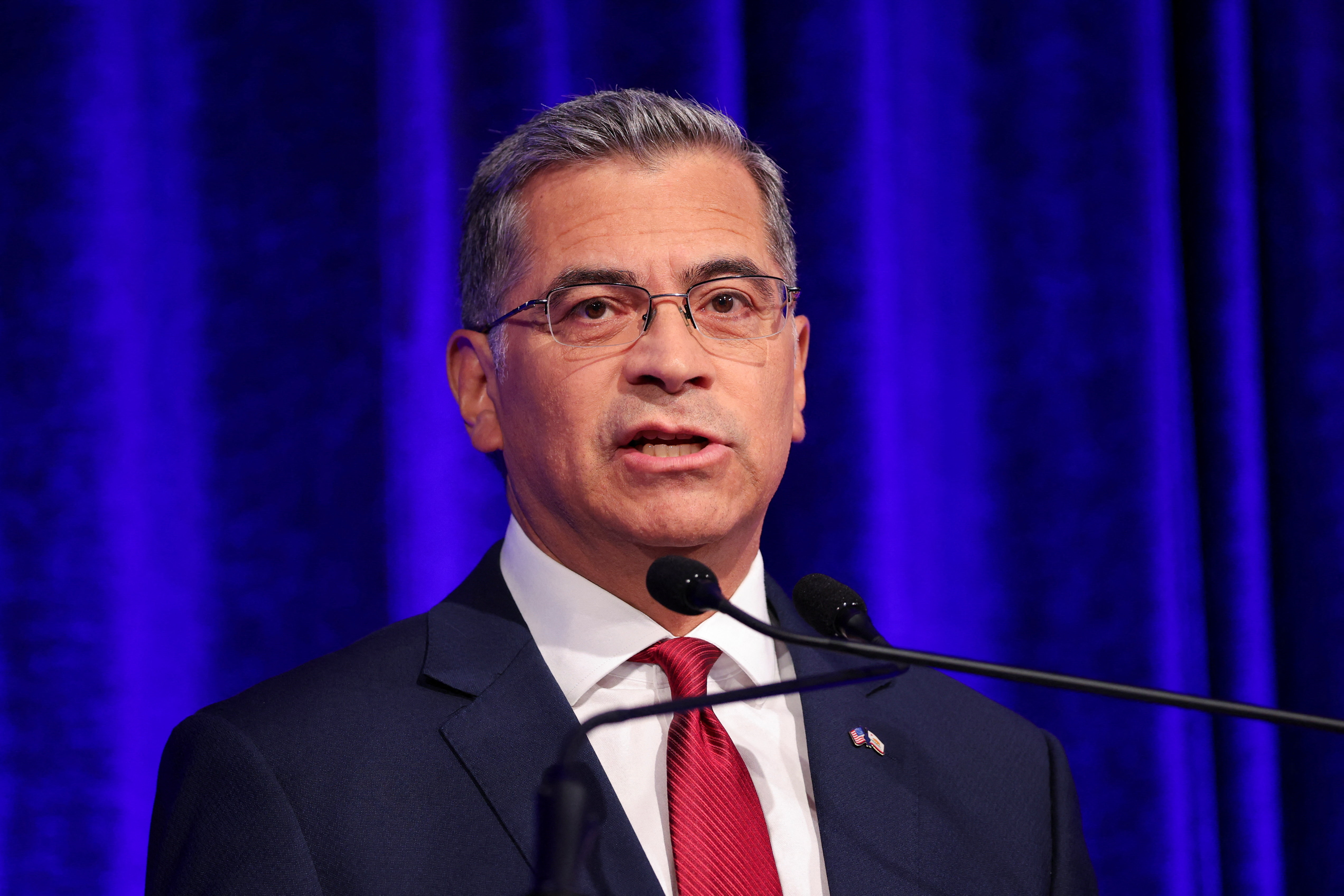 Candidate Xavier Becerra attends a debate in the race for governor of California, hosted by the San Francisco Examiner and CBS, in San Francisco, California, U.S., May 14, 2026. REUTERS/Carlos Barria